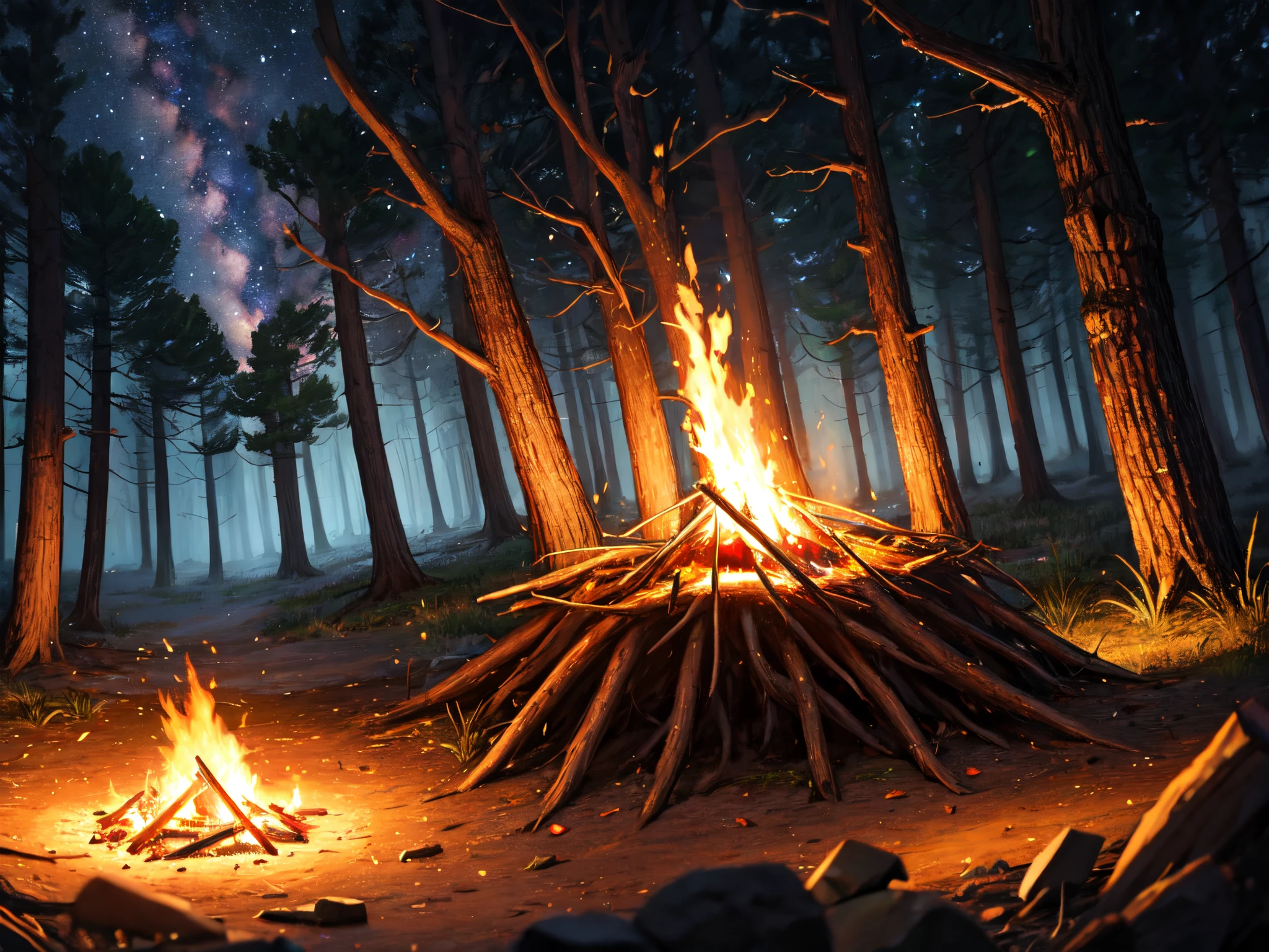 darkness forest, alone, campfire, night, boa hancock, lonely