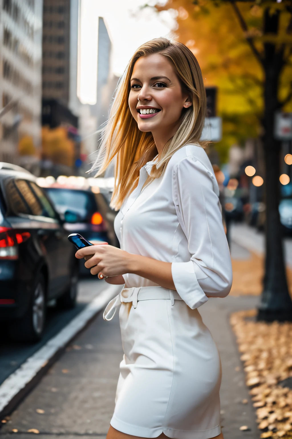 hyper-realistic selfie of a beautiful blonde haired female named Madison Taylor, thin face, laughing hysterically,walking in the autumn on new york city sidewalk on the way to her office job