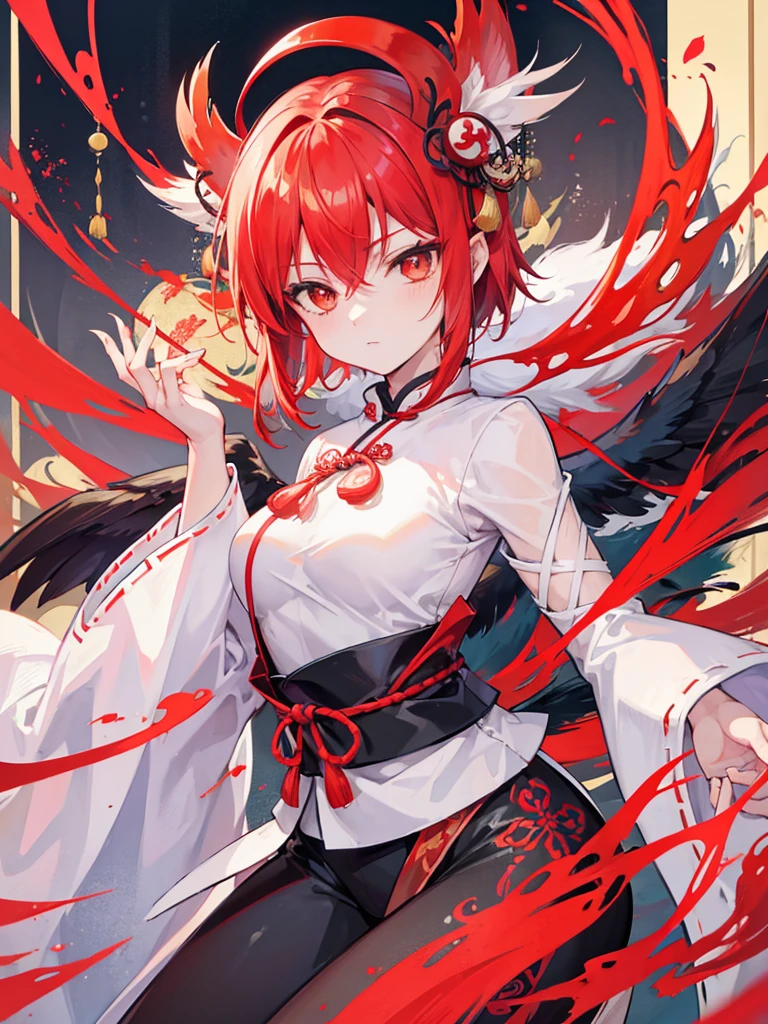 a harpy,youkai,Red head,Two wingeater,clawed paws,Ancient Chinese clothing