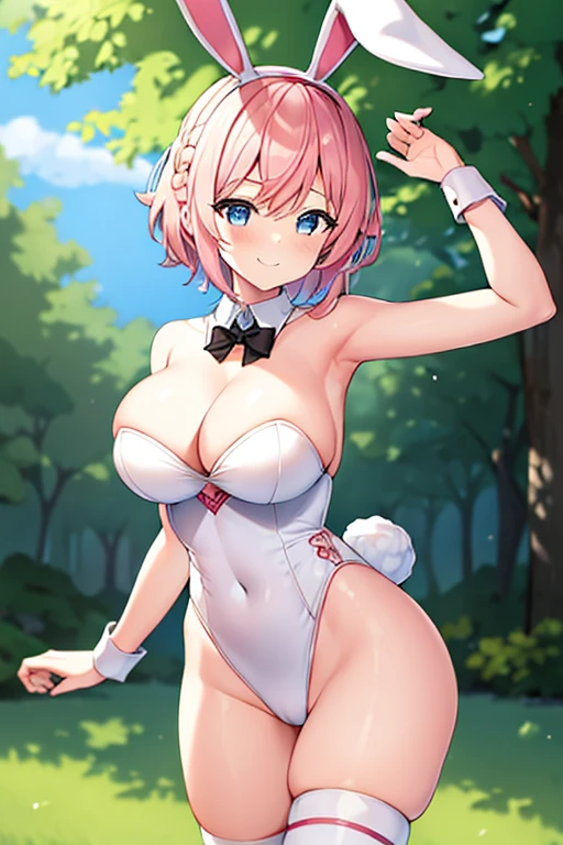 1girl, pink hair, very short hair, large breasts, breasts, wide hips, thick thighs, eula /(genshin impact), Eula /(Genshin Impact/), short hair, bunny ears, rabbit ears, fake animal ears, white bunnysuit, bunnysuit, smile, light smile, blue eyes, black headband, gold trim, side braid, single braid, braid, headband