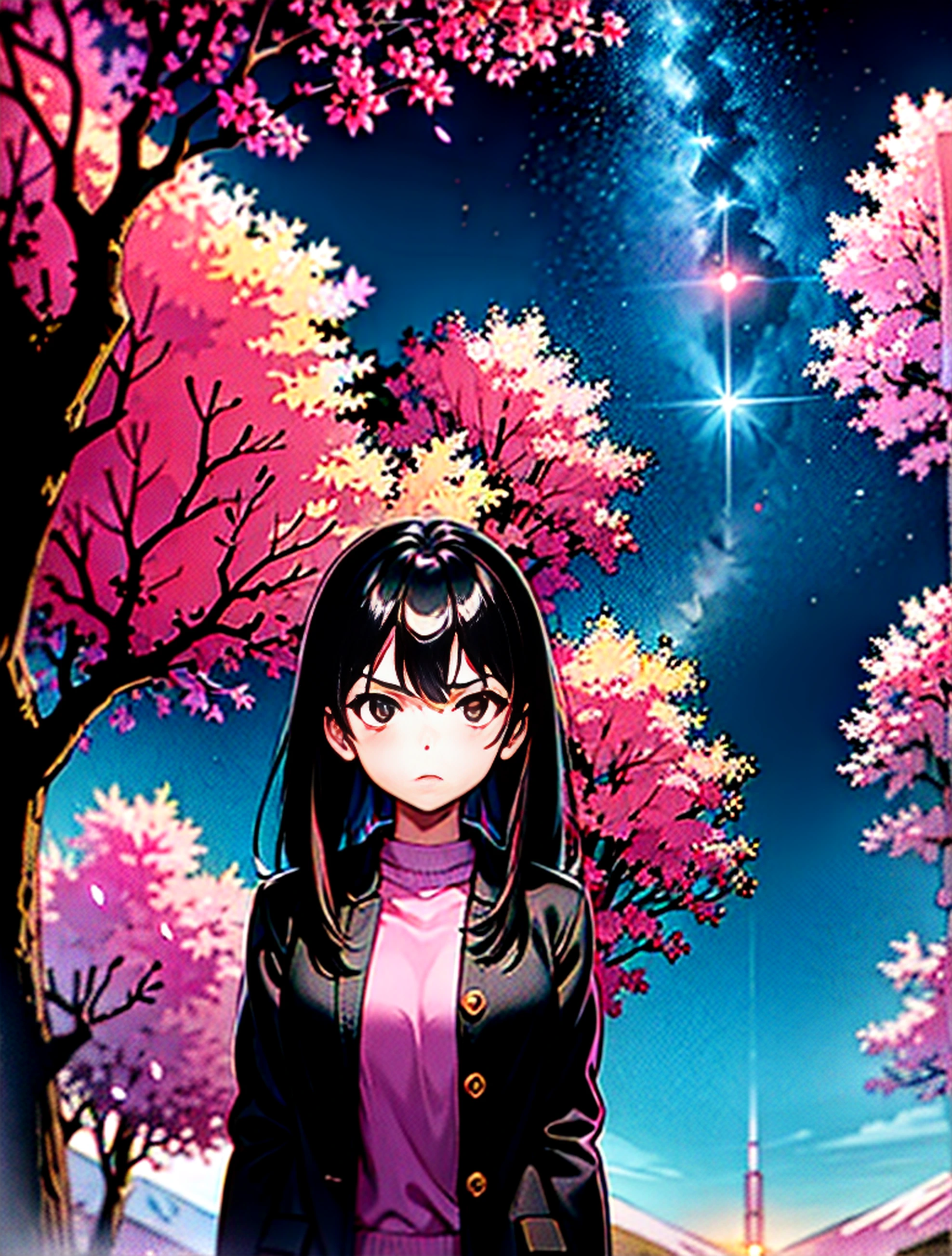 (best quality, masterpiece),(1girl, miko, coat, expression face, black eyes, looking at front ,black hair, walking, upper body), (night strray sky, huge old tree behind, falling glowing pink petals behind, shrine behind, mountain background, blowing wind, meteoric cloud)