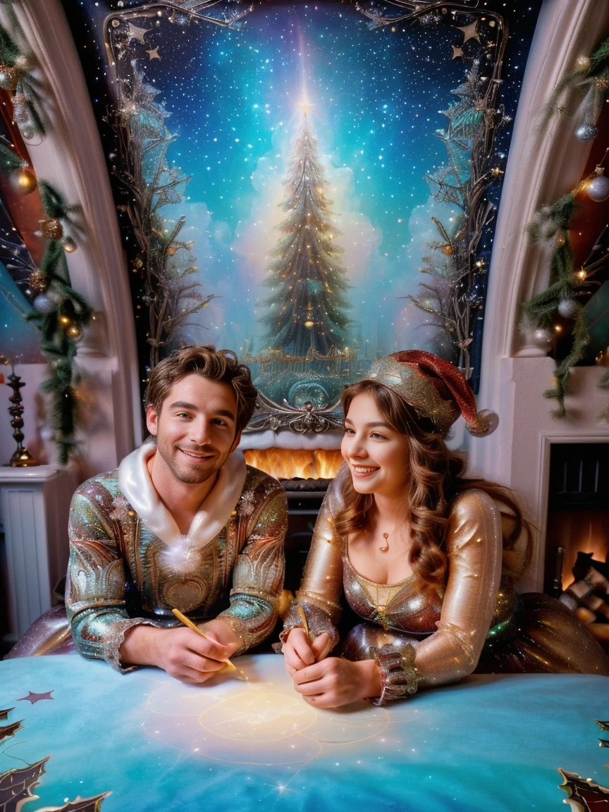 (Best quality, 8K, A high resolution, tmasterpiece:1.2), ultra - detailed, (actual, realistically:1.37), Vibrant colors, Magical atmosphere, Whimsical, ((sky full of stars，The North Star shines))，(((Use an illustration style), The room is decorated with a strong Christmas atmosphere. A string of shining colored lights hangs on the wall, Christmas wreath and little snowman on the windowsill, In the corner of the room stands a beautifully decorated Christmas tree. On a table, There are beautiful cutlery and red plates. In the center of the table, Have a sumptuous Christmas feast, Next to it is a bottle of red wine and two exquisite wine glasses. (((A male and female couple wearing Christmas costumes cuddling together))), Smiling and looking at each other，Eyes full of happiness and warmth. There are several scented candles lit in the room, It exudes a faint fragrance. Warm fire burning in the fireplace, Brings warmth and comfort to the entire room, Surreal, Psychedelic, Complicated details, Beautiful texture, Ethereal, like a dream, Soft glowing light, Charming Patterns, Fantasy creatures, Hidden surprises, dreamlike landscapes, Surreal color palette, Mystic aura, hyper realisitc, Enchanting journey, psychedelic trip, vivid imagination, immersive experience, Mysterious Christmas, otherworldly charm, glowing paths, Light up a magical Christmas, surreal sky, Whimsical themed festivals, a magical encounter, Fascinating artwork，(Ghibli-style colors, first person perspective, hyper HD, tmasterpiece, acurate, Anatomically correct, ctextured skin, super detailing, high detal, high qulity, Award-Awarded, Best quality at best, 8K)