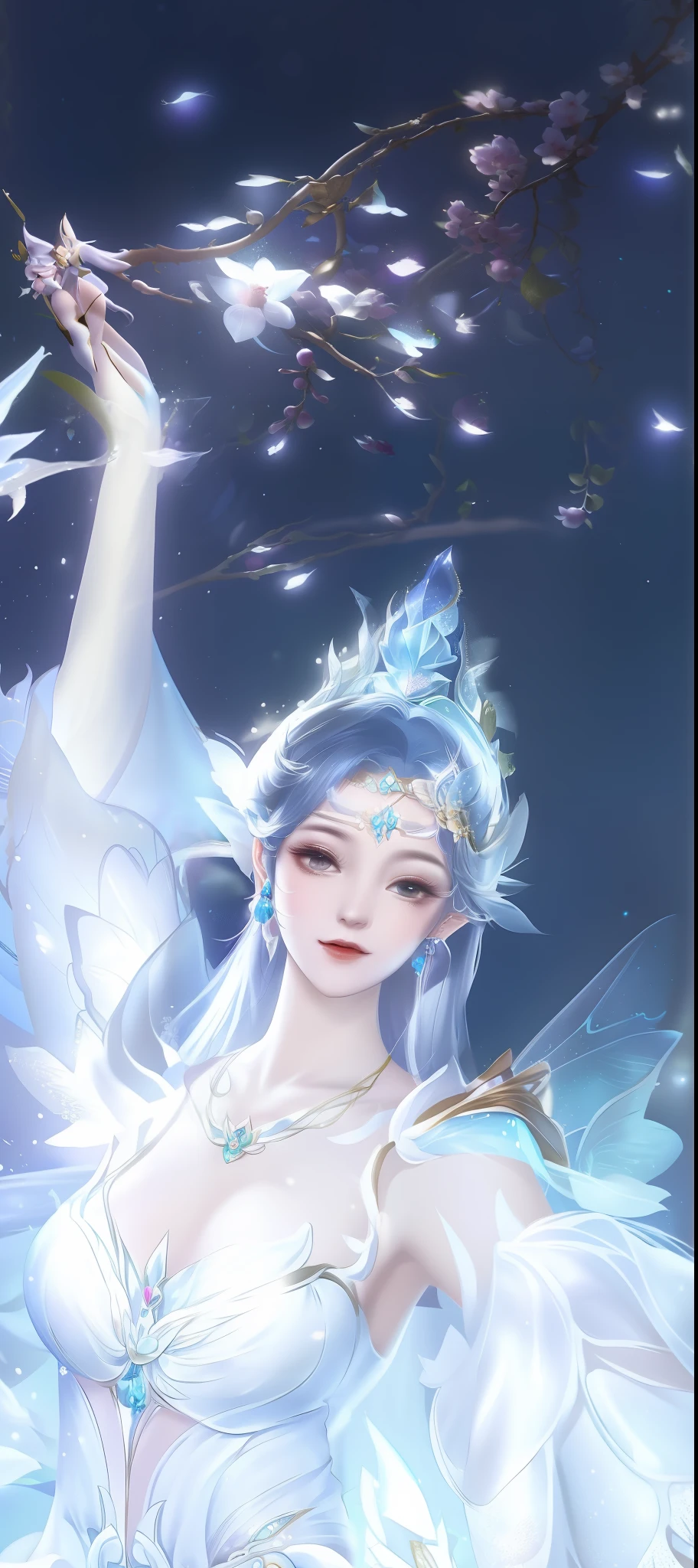 True humans，One in a white dress、Close-up of woman wearing fairy costume, ((beautiful fantasy empress)), Queen of the Sea Mu Yanling, beautiful fantasy empress, water fairy, inspired by plum trees, Astral Fairy, ethereal wings, Inspired by Lan Ying, Ethereal fantasy, Surreal Fantasy Headgear, ethereal essence,  A queen