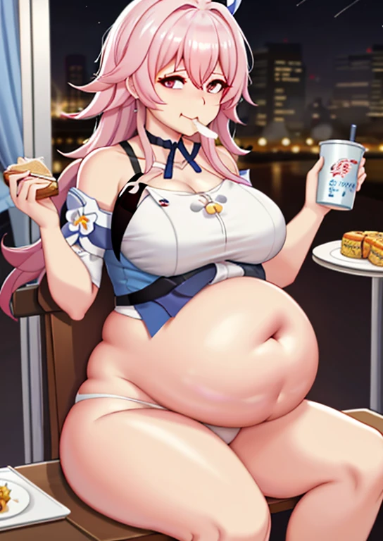 march 7th from honkai star rail, fat, big belly, obese, pregnant, fat stomach, eating  cream, table with food, very fat