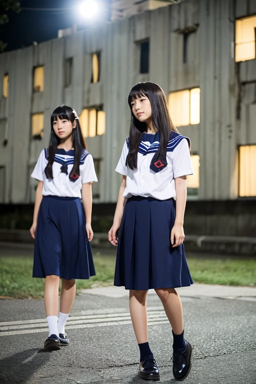 ((Inside a broken concrete building))、((four beautiful japanese girls))、a beauty girl、Cute same school uniform、Same sailor suit、18year old、bangla hair straight short hair, Height 170cm、8th class、((Long skirt to hide the knees))、((Navy long skirt below knee length))、Pitch black night、total darkness、(deep in the night)、the wind、Thin leg、((Photography equipment、Photography Staff、Reflector))、