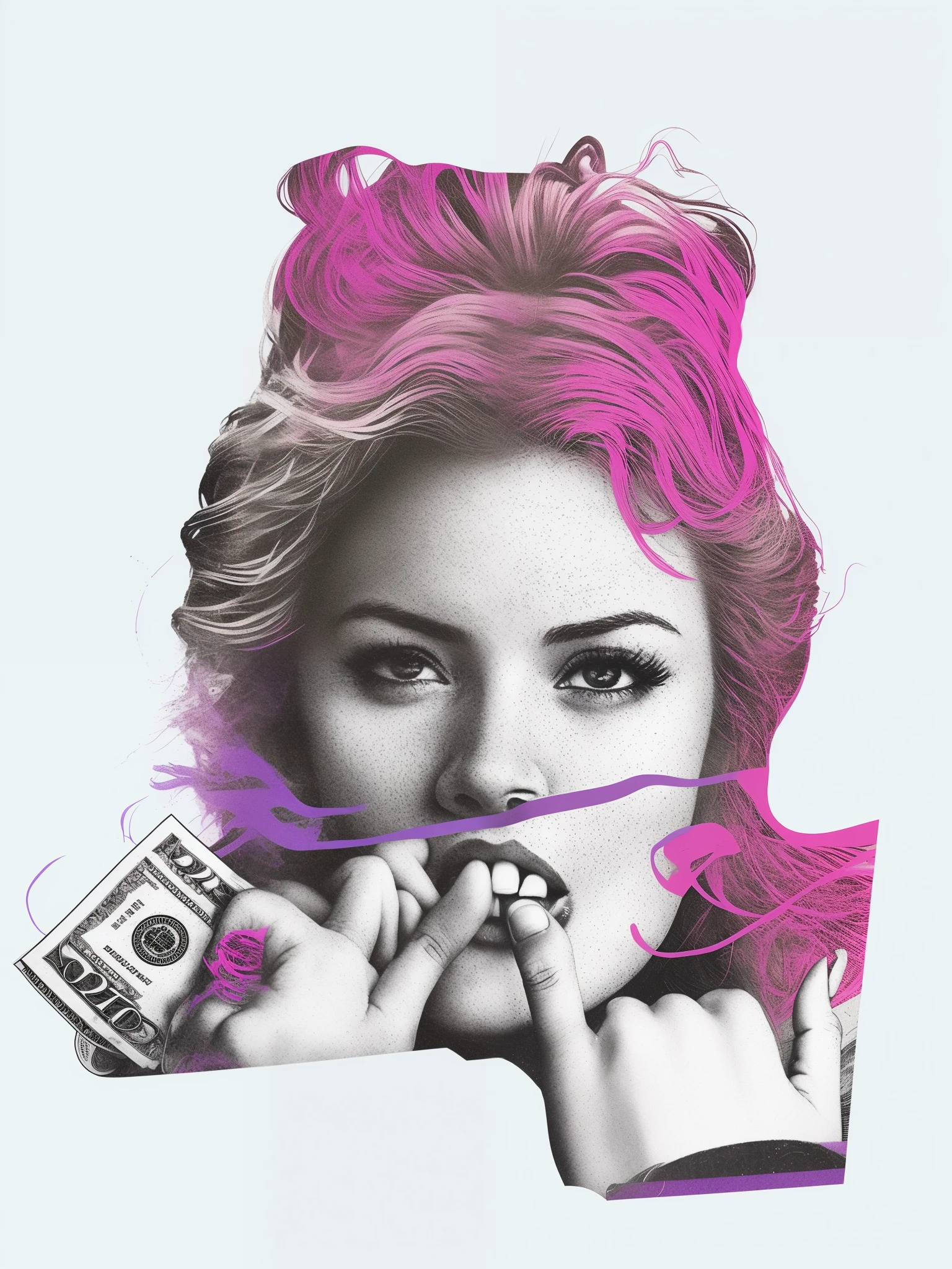 Doodle drawing of woman holding one dollar bill in mouth, hip hop vaporwave, Vaporwave artwork composition, Vaporwave style masterpiece, vaporwave art, manifestation of greed, Official artwork, Steam waves. Black and white, new vapor wave, Steam waves, del diego artwork, vaporwave style, Ugo Nespolo, Very vaporwave