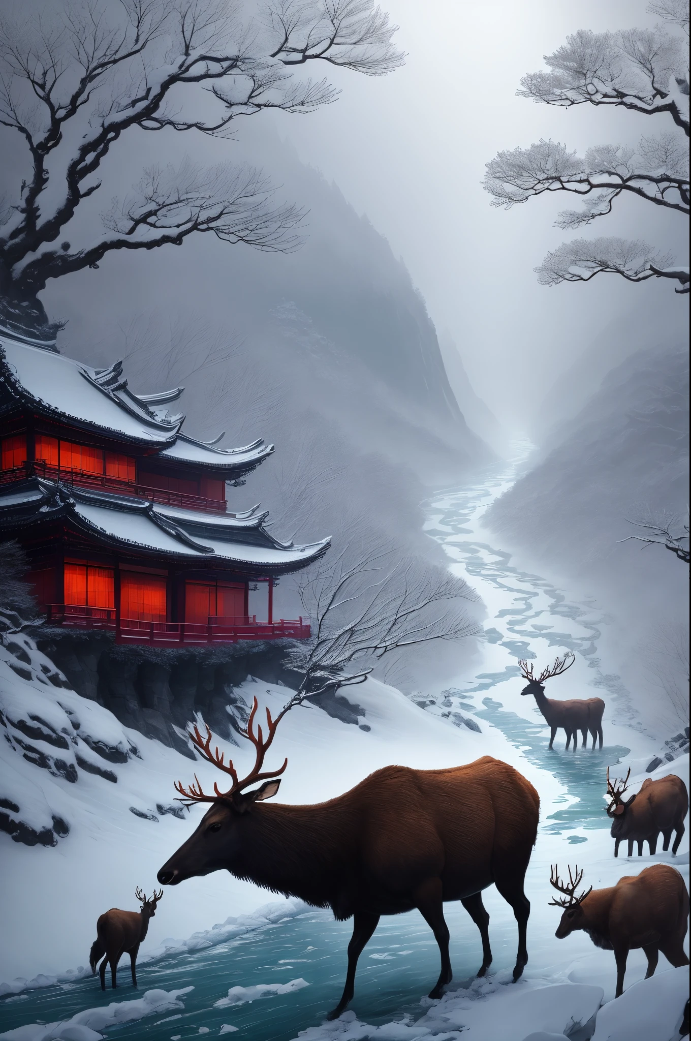 fantasy forest、Heavy snow is falling in the sky、River freezes，Elk passing by gently