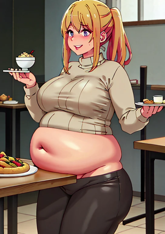 fat, large belly, big belly, very fat, large stomach, chubby (best quality, masterpiece), fat belly, at, large belly, standing, grabbing belly, very fat, large stomach, chubby (best quality, masterpiece), thanksgiving, wearing sweater, grabbing belly, sitting down, table with of food, table tons of food, lots of food, holding belly, table with food, blonde hair
