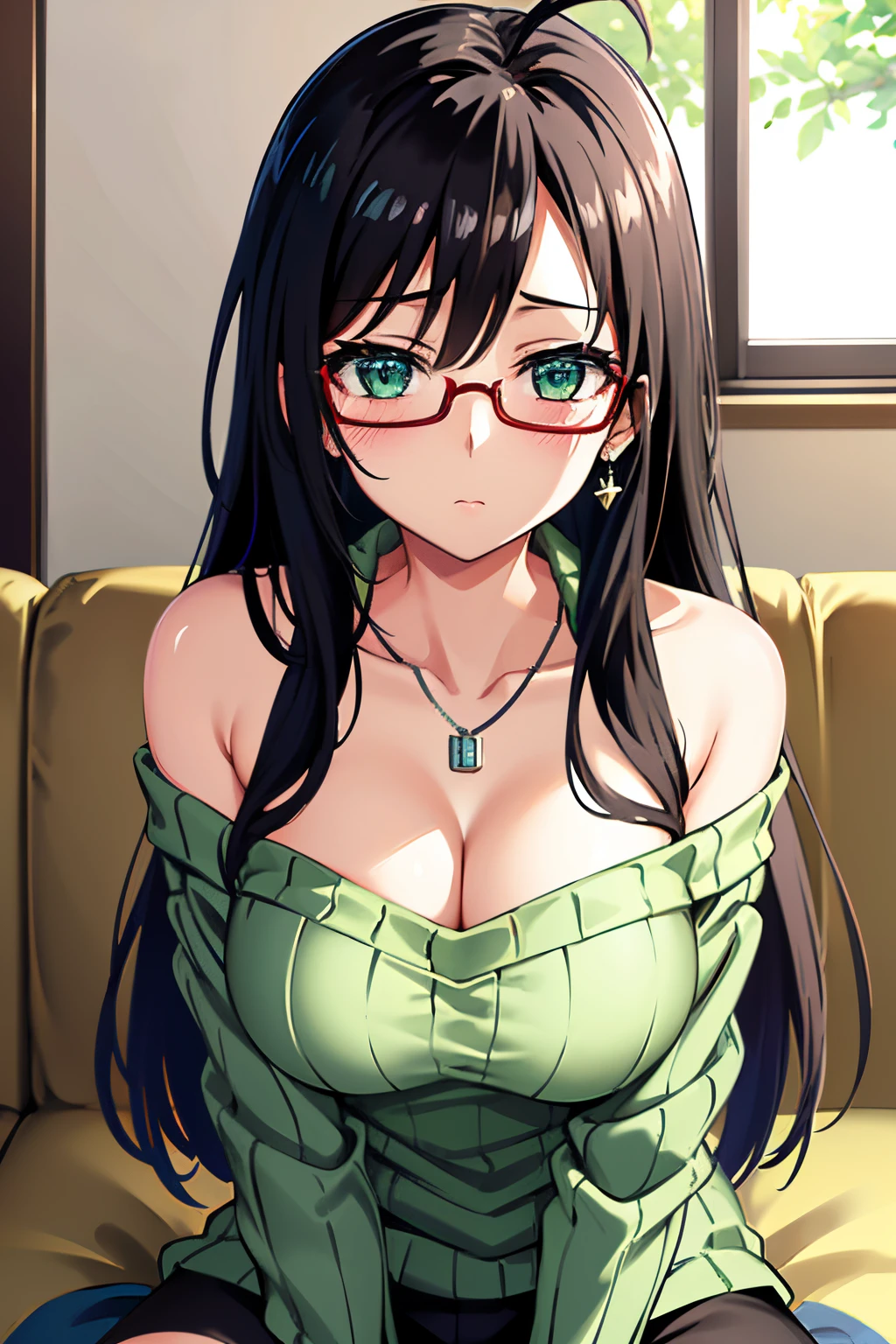 ((extremely detailed CG unity 4k wallpaper)),(masterpiece),(ultra quality),(ultra-detailed),(best illustration),(best shadow),(Extremely Detailed),(absurdres),(detailed background), Chisato Haswegawa, 1girl, alone,breasts, sweater, black hair, long hair, Antenna hair, glasses, mature, adlut woman, blush, green eyes, Beautiful Detailed Eyes, jewelry, cleavage, looking at viewer, suducing stare, necklace, medium breasts, off-shoulder sweater, off shoulder, collarbone, leggings, bangs, nail polish, solo, earrings, pov, straddling, girl on top, closed mouth, frilled shirt, backlighting, indoors, couch