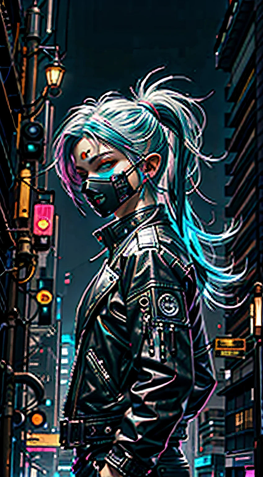 CyberpunkAI， neonlight， 1boys， tiny faeries， Neon hair， Neon eyes， ponytail haircut， Black leather jacket，， Hooded， sneak， masks，protective goggles，