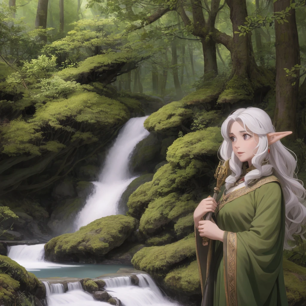 1 girl,solo, middle earth, Hobbit Inspiring their allies with rousing music, Luminary, Average Height, Firm, Round Face, Olive Skin, White Hair, grey Eyes, [[Curved Nose]], Pouty Lips, Prominent Chin, Shoulder-Length Hair, Fine Hair, Loose Curls, full breasts, Clip-on earrings, hot pink satin lipstick, A lush elven forest, filled with towering trees and sparkling streams, Tolkien