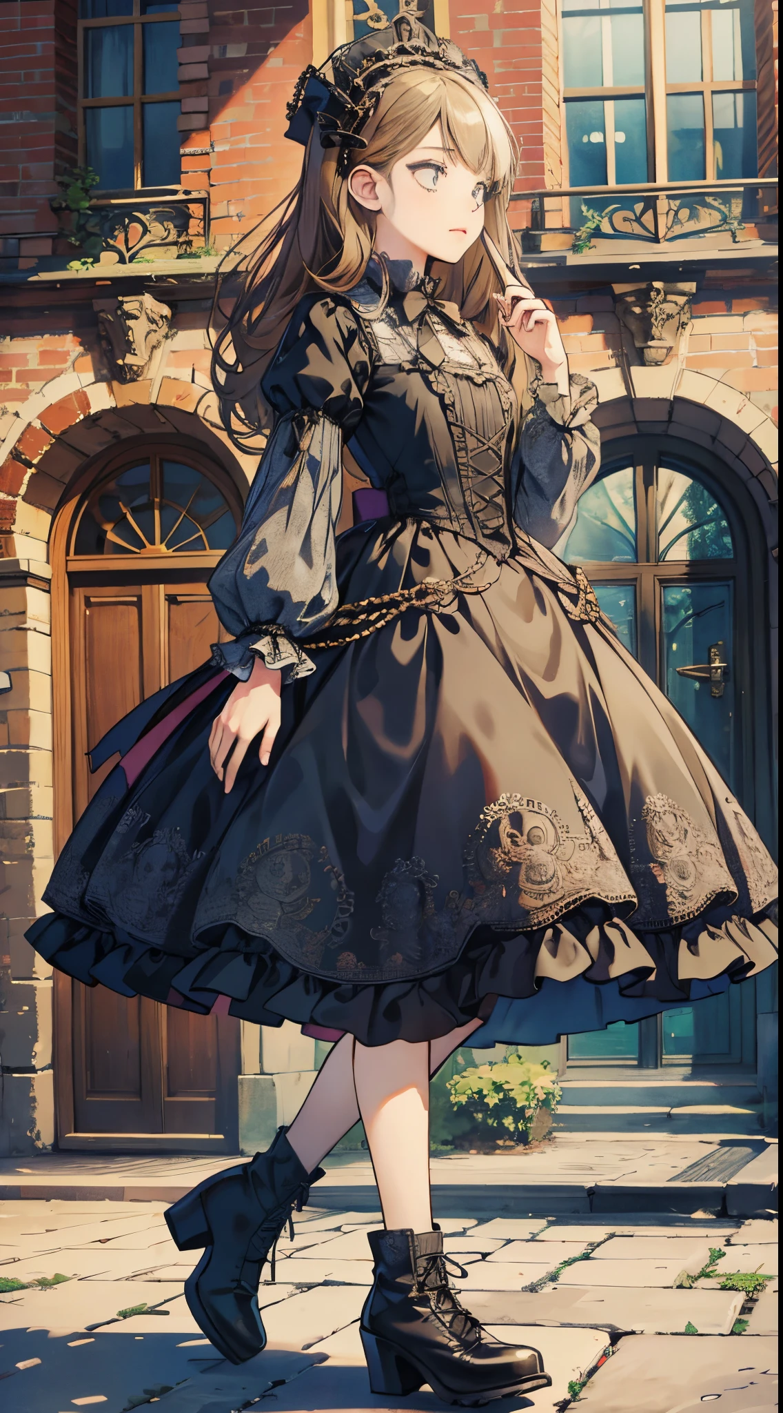 A woman in a dress and boots is standing in front of a building, baroque dress, in detailed steampunk dress, an elegant gothic princess, victorian gothic ****ta fashion, Historical Baroque Dress Dark, black gothic ****ta dress, fantasy style clothing, rococo dress, black rococo, classical witch, fantasy outfit, wearing a gothic dress, romantic dress, gothic dress