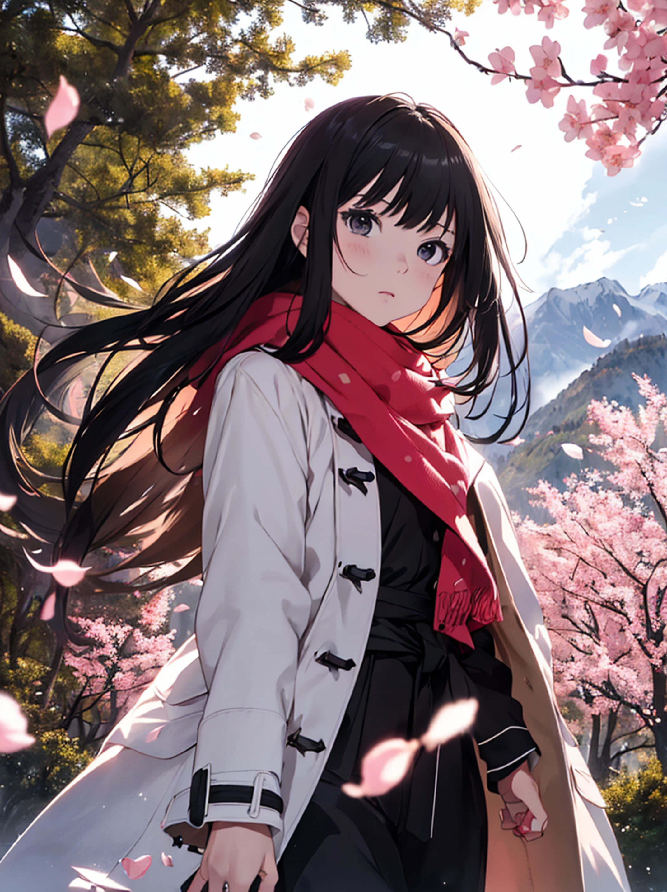 (best quality, masterpiece),(1girl, miko, coat, expression face, black eyes, looking at front ,black hair, walking, upper body), (night strray sky, huge old tree behind, falling glowing pink petals behind, shrine behind, mountain background, blowing wind, meteoric cloud)