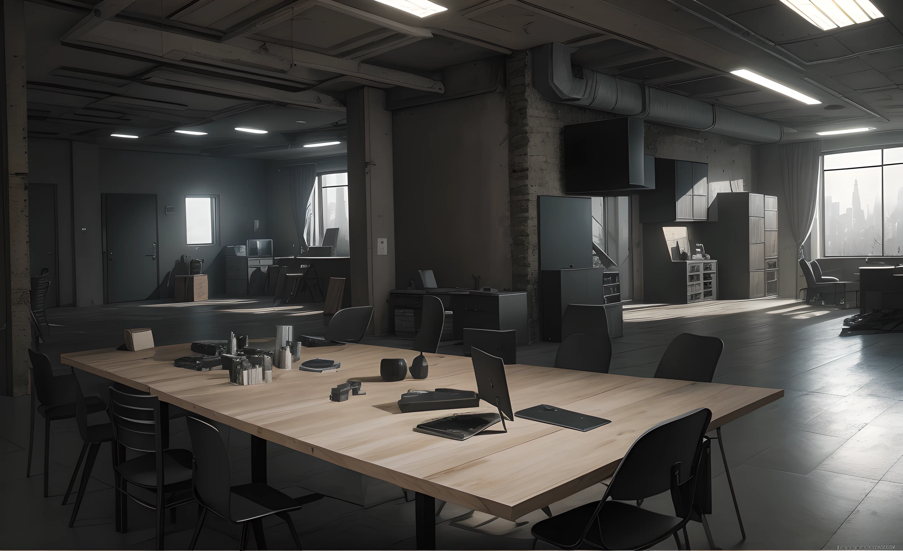 il y a une table avec beaucoup de choses dessus, Paramètre cyberpunk, dans un contexte cyberpunk, comme un atelier cyberpunk, Intérieur de la salle dans la zone 55, cyberpunk sous-sol, cadre dystopique, Une arrière-salle vide la nuit, réglé la nuit, scénographie, Intérieur cyberpunk, cadre post-apocalyptique, dans une salle de laboratoire sombre, commissariat de police post-apocalyptique , changer de thème en thème Entreprise , c&#39;est un bureau avec un ordinateur et un réseau dans un commerce noir , fond noir , Éclairage réaliste au néon ; après-midi, rendu dans UN real Engine 6, Rendu dans UN Real Engine 5, avec éclairage photoréaliste, Rendu archivez détaillé, rendu dans UN real 5, rendu de Éclairage spectaculaire, Intérieur du bureau dans la maison, Moteur UN Real 5 Hooghly Rendre, Rendu dans Luminy Pro, Éclairage diffus cinématographique, Mur noir , style D&#39;Entreprise , Espace de travail professionnel .