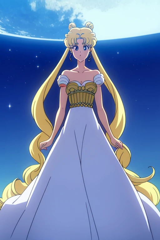 SMU Sagitsukino, Big, Standing, Solo, Masterpiece, Best Quality, Detailed face, Detailed Eyes, high resolucion, Masterpiece, Best Quality, Detailed face, Detailed Eyes, high resolucion, SMPrincessCostume,Serenity,Princess Serenity,Neo Queen Serenity,pectorals,Big,Huge,Plump breasts.a blond,Dango hair,Royal breasts,breast,forehead crescent moon