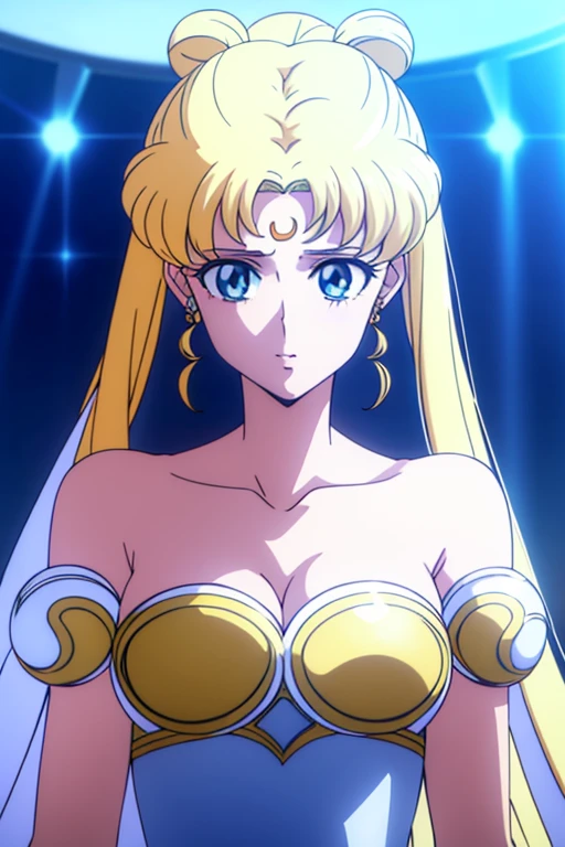 SMU Sagitsukino, Big, Standing, Solo, Masterpiece, Best Quality, Detailed face, Detailed Eyes, high resolucion, Masterpiece, Best Quality, Detailed face, Detailed Eyes, high resolucion, SMPrincessCostume,Serenity,Princess Serenity,Neo Queen Serenity,pectorals,Big,Huge,Plump breasts.a blond,Dango hair,Royal breasts,breast,forehead crescent moon