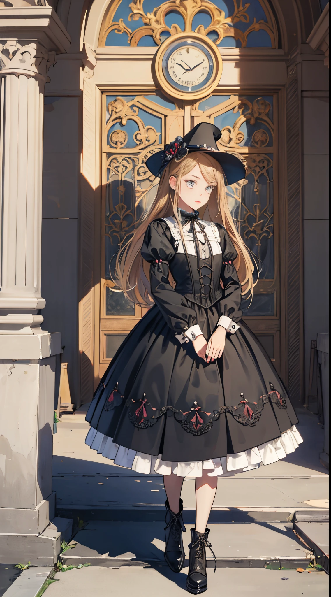 A woman in a dress and boots is standing in front of a building, baroque dress, in detailed steampunk dress, an elegant gothic princess, victorian gothic ****ta fashion, Historical Baroque Dress Dark, black gothic ****ta dress, fantasy style clothing, rococo dress, black rococo, classical witch, fantasy outfit, wearing a gothic dress, romantic dress, gothic dress