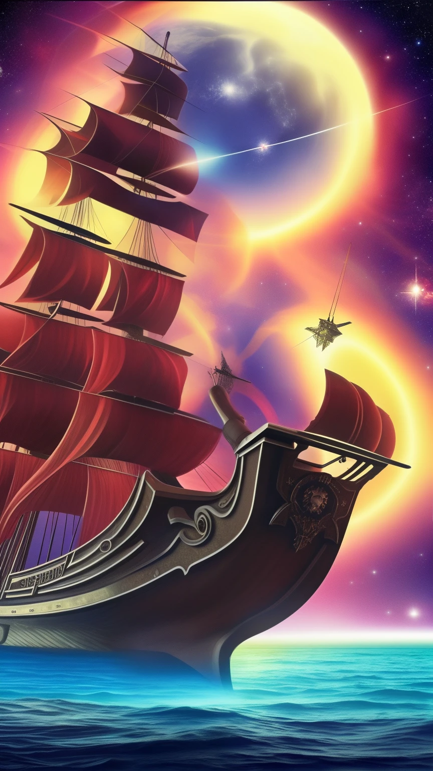 "Generate an epic 8K resolution image of a pirate ship sailing through space, leaving a captivating trail of cosmic particles. Visualiza el barco con detalles detallados, futuristic pirate elements and space filled with stars and glowing particles. The image should convey the excitement and wonder of pirate space travel, creando un fondo de pantalla impactante y repleto de detalles asombrosos." --auto --s2