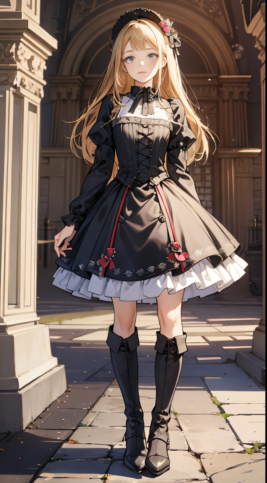 A woman in a dress and boots is standing in front of a building, baroque dress, in detailed steampunk dress, an elegant gothic princess, victorian gothic ****ta fashion, Historical Baroque Dress Dark, black gothic ****ta dress, fantasy style clothing, rococo dress, black rococo, classical witch, fantasy outfit, wearing a gothic dress, romantic dress, gothic dress