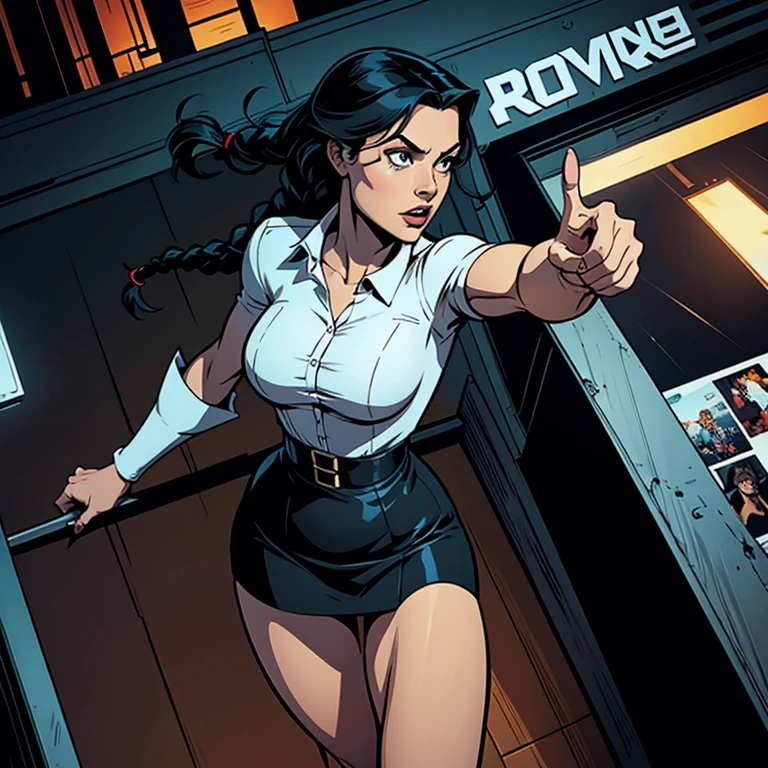 comic book, noir inspired poster with title "(change)".  "(white skinned girl with long black hair with a single braid down to her waist, action scene, corpo perfeitoescult,ponto de fuga, perspectiva visao aerea,  cinematic angle)".  The scene should be in the distinct digital art style of comic book, with.