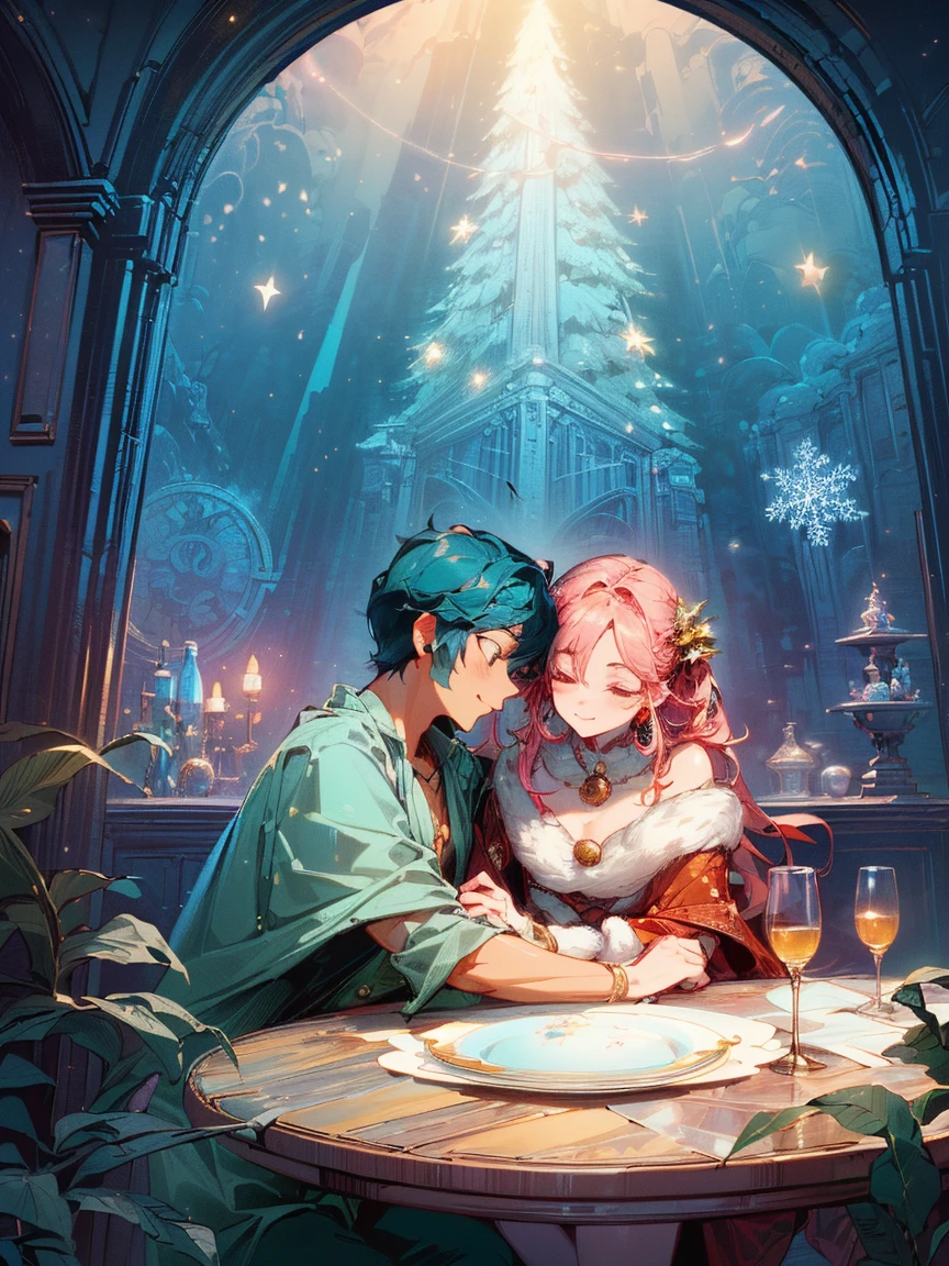 (Best quality, 8K, A high resolution, tmasterpiece:1.2), ultra - detailed, (actual, realistically:1.37), Vibrant colors, Magical atmosphere, Whimsical, ((sky full of stars，The North Star shines))，(((Use an illustration style), The room is decorated with a strong Christmas atmosphere. A string of shining colored lights hangs on the wall, Christmas wreath and little snowman on the windowsill, In the corner of the room stands a beautifully decorated Christmas tree. On a table, There are beautiful cutlery and red plates. In the center of the table, Have a sumptuous Christmas feast, Next to it is a bottle of red wine and two exquisite wine glasses. (((A male and female couple wearing Christmas costumes cuddling together))), Smiling and looking at each other，Eyes full of happiness and warmth. There are several scented candles lit in the room, It exudes a faint fragrance. Warm fire burning in the fireplace, Brings warmth and comfort to the entire room, Surreal, Psychedelic, Complicated details, Beautiful texture, Ethereal, like a dream, Soft glowing light, Charming Patterns, Fantasy creatures, Hidden surprises, dreamlike landscapes, Surreal color palette, Mystic aura, hyper realisitc, Enchanting journey, psychedelic trip, vivid imagination, immersive experience, Mysterious Christmas, otherworldly charm, glowing paths, Light up a magical Christmas, surreal sky, Whimsical themed festivals, a magical encounter, Fascinating artwork，(Ghibli-style colors, first person perspective, hyper HD, tmasterpiece, acurate, Anatomically correct, ctextured skin, super detailing, high detal, high qulity, Award-Awarded, Best quality at best, 8K)