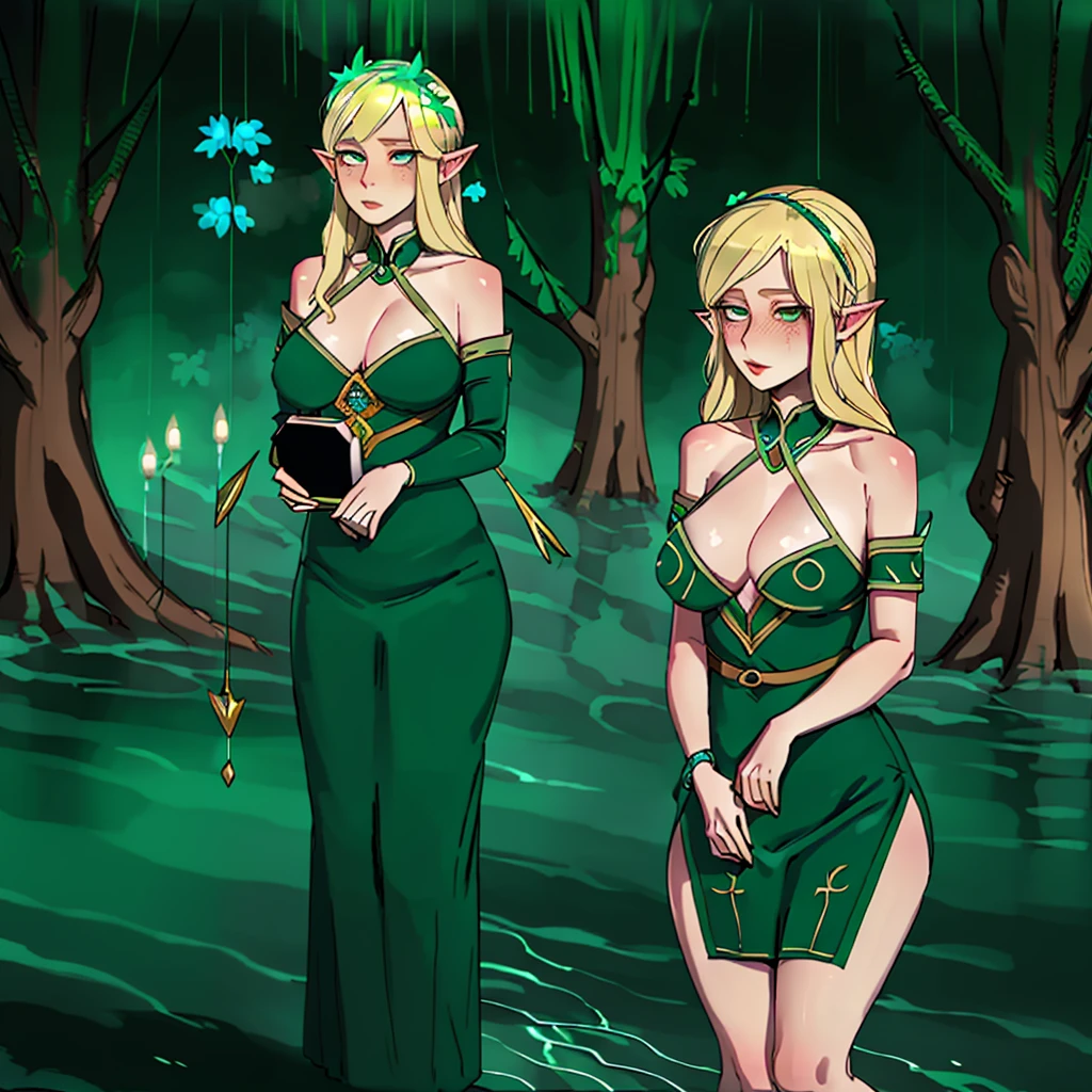 "Beautiful young elf girl, wearing an unrevealing and conservative green dress, standing innocently in a elfish village decorated with elfish ornamentation and patterns, blonde hair, green eyes, elf ears, best quality, masterpiece, ultra-detailed, award winning art"