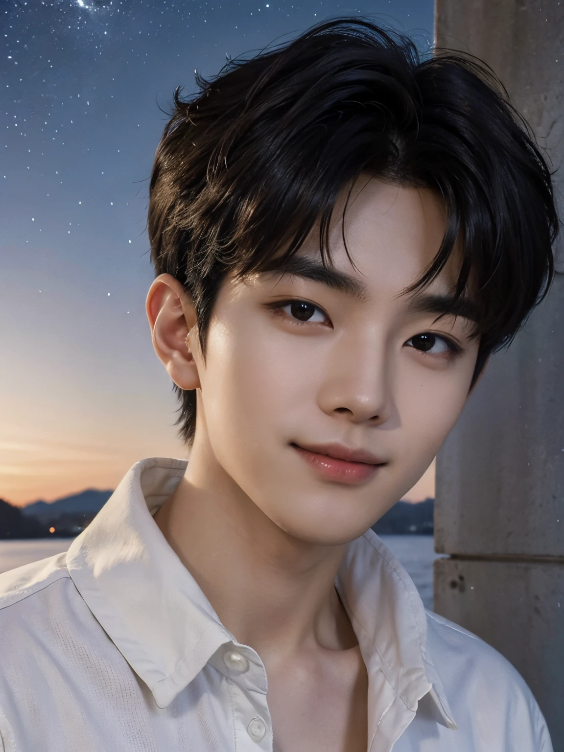 (photorealistic, masterpiece, 8K HD, good lighting quality, portrait, closing up on face, intricate details), a handsome young korean man, 20 years old, cute, happy, smiling brightly, friendly, charming, detailed face, detailed eyes, happy gaze, looking at the sky, casual wear, honey eyes, black hair, messy hair, fluffy and curly hair, hair bangs, outdoors, early morning, stars, dreamy world, surrealism, ethereal