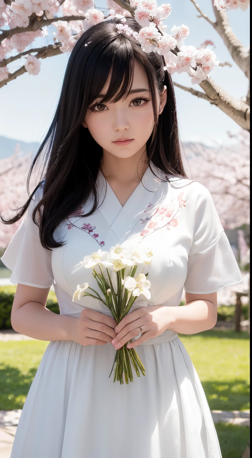 (A logo、​masterpiece、8K、masutepiece、Raw photo、Fantastic、Best Quality、Photorealistic and highly detailed CG integrated 8K wallpaper、hightquality、ighly detailed、epic poem、Particle effect、Dynamic effects、depth of fields、Cinematic Light、Lens Flare、Ray tracing)、Fantasia、 (Beauty 1 person、White Japanese Clothing、Japanese dress、White cherry blossom pattern、White cherry blossom embroidery pattern、A dark-haired、Beautiful face、Real Face、beautiful details eyes beautiful skin)、Hair flutters in the wind、Hair jumps、Pink cherry blossom tree、Petals flutter、Sakura blizzard、Superb view、morning glow、Sun in the background、the wind、Deities、tusk、myth、Vast Land、