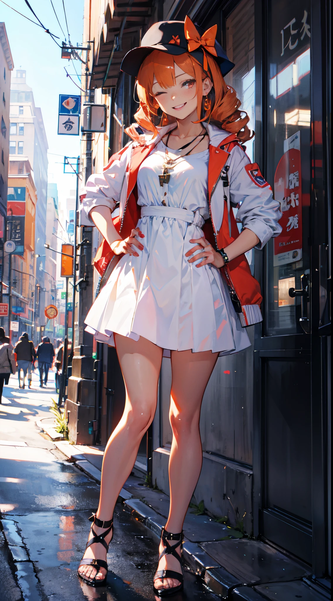 Anime - style woman in a short white dress and hat posing on a city ...