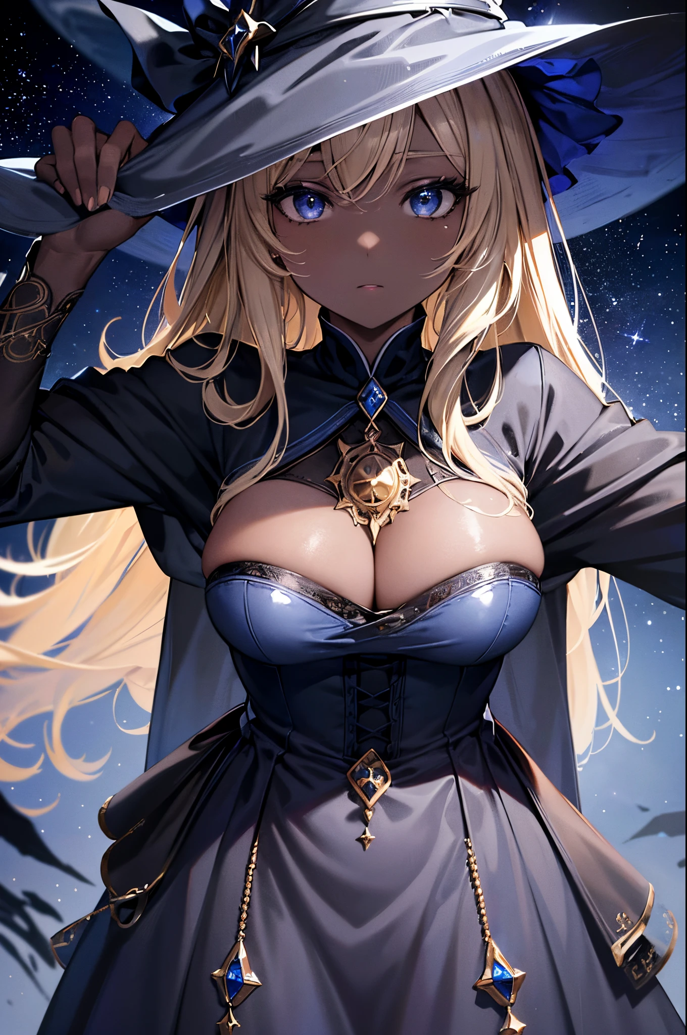 (Masterpiece, Best quality, ultra high resolution),1girl, dark brown skin, blonde hair, large breasts, witch outfit, witch hat, beautiful and detailed face, detailed eyes, detailed nose, the stars in the background ((gray and blue theme ))