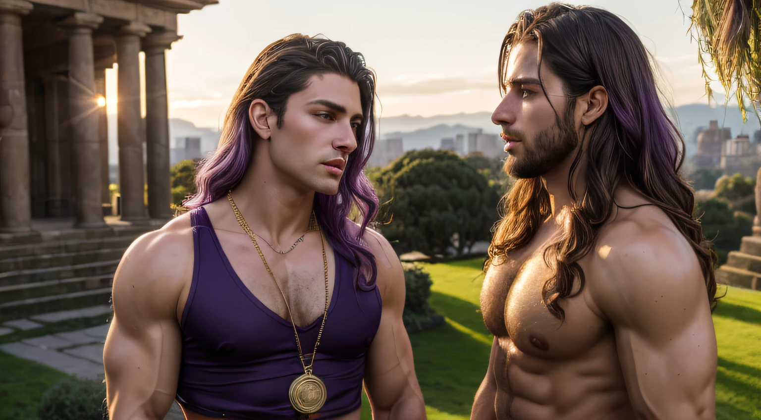 ((Best quality)), ((tmasterpiece)), (Detailed pubic hair), Priapus, 1 boy, Muscle tissue, inca temple, flight, of a real, Long curly purple hair, handsome male face, Detailed eyes purple, musculous, (Willow waist), Bubl, The upper part of the body, gold chain belt, draped shorts, arm ring, delicate skin, actual, Pino Deheni&#39;styled, [Daniel F style. Gerhartz::0.5], Ultra high-definition images, employment, 8K, Semi-realistic, epic lighting, Focus sharp, actual, Romantic, Full body lesbian