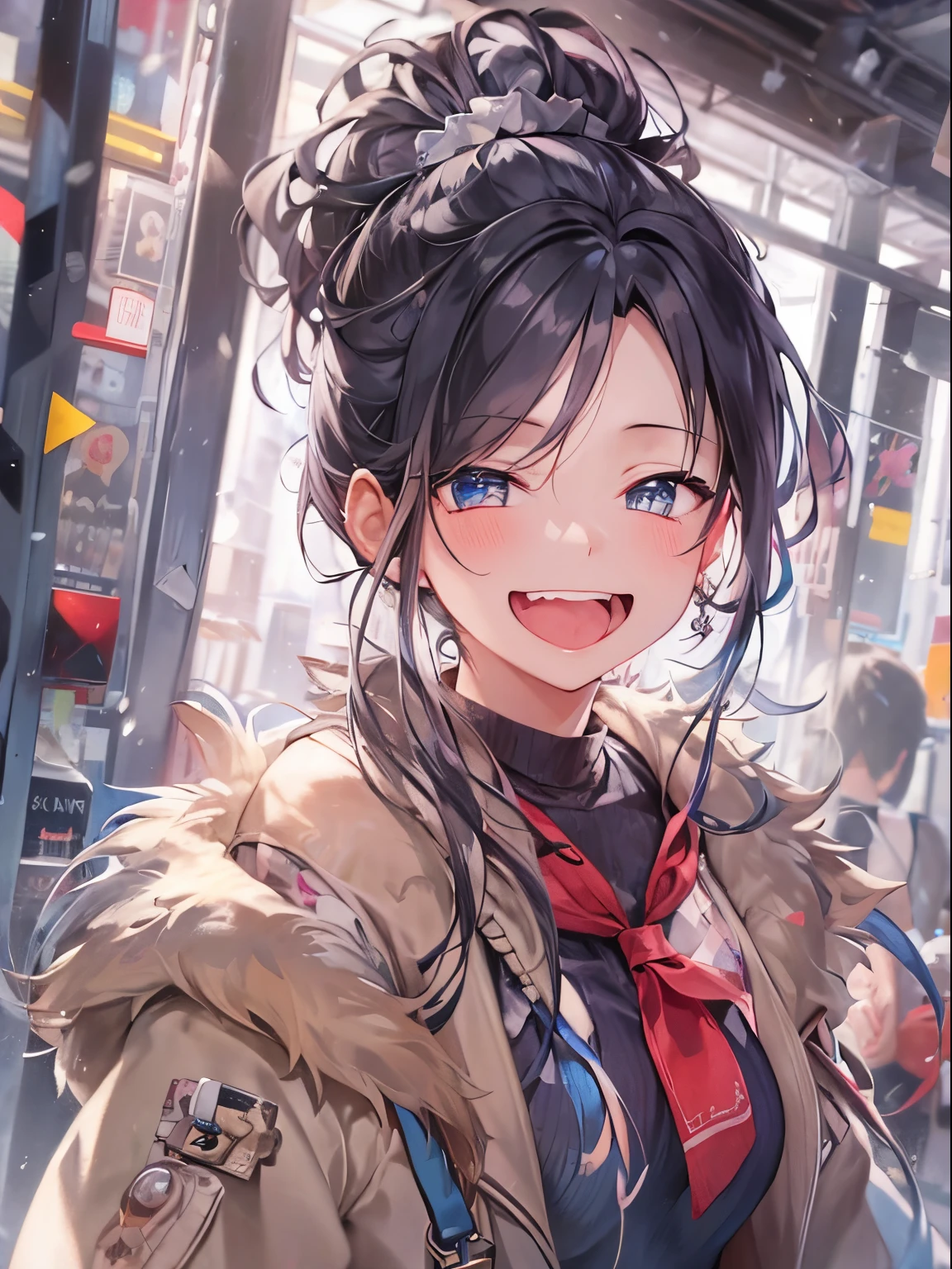​masterpiece、top-quality、looking at the viewers、tie long hair up、Winter Park、(hair wavy:0.7)、Colorful casual attire、A black-haired woman smiling happily with her mouth open，