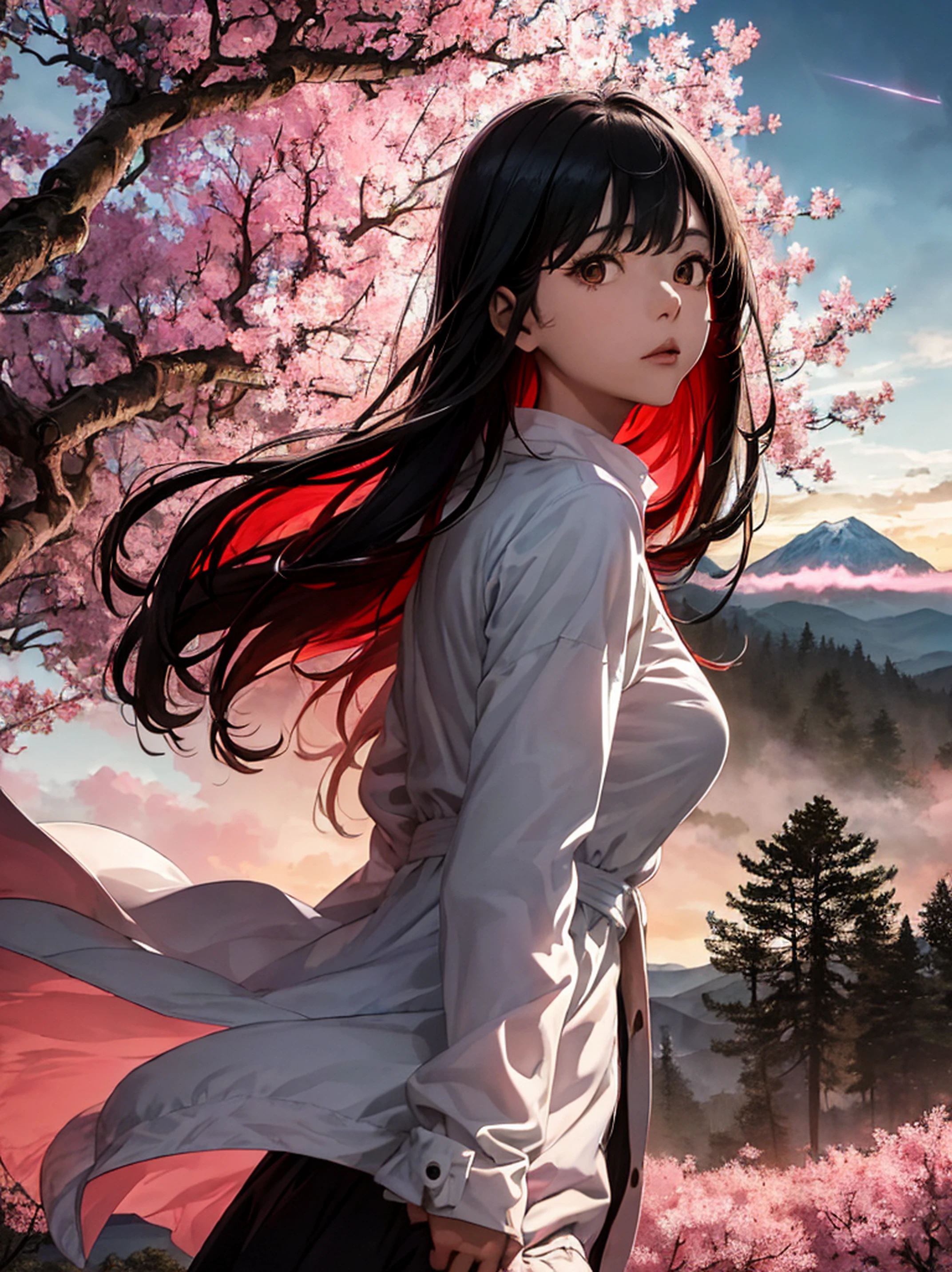 (best quality, masterpiece),(1girl, miko, coat, expression face, black eyes, looking at front ,black hair, walking, upper body), (night strray sky, huge old tree behind, falling glowing pink petals behind, shrine behind, mountain background, blowing wind, meteoric cloud)