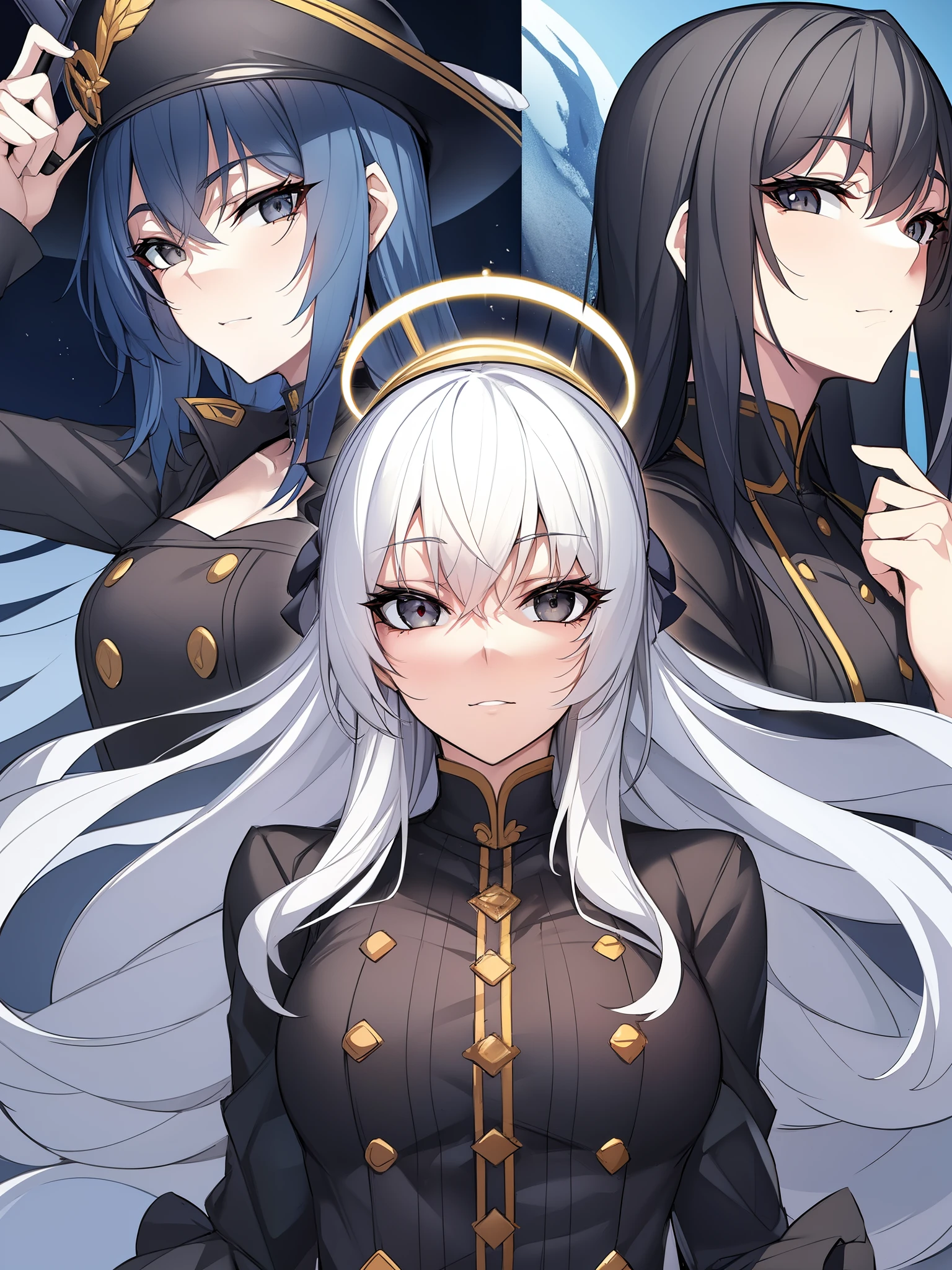 2D、masterpiece、top-quality、extremely detailed eye、extra detailed face、 1 人、独奏、is standing、black trench coat、banya、lonely outfit、Hats、grey eyes、Straight face、Straight、Old guns、Circle of Angels、Halo、greyt hair、White armband、full body Esbian、Semi-auto rifle