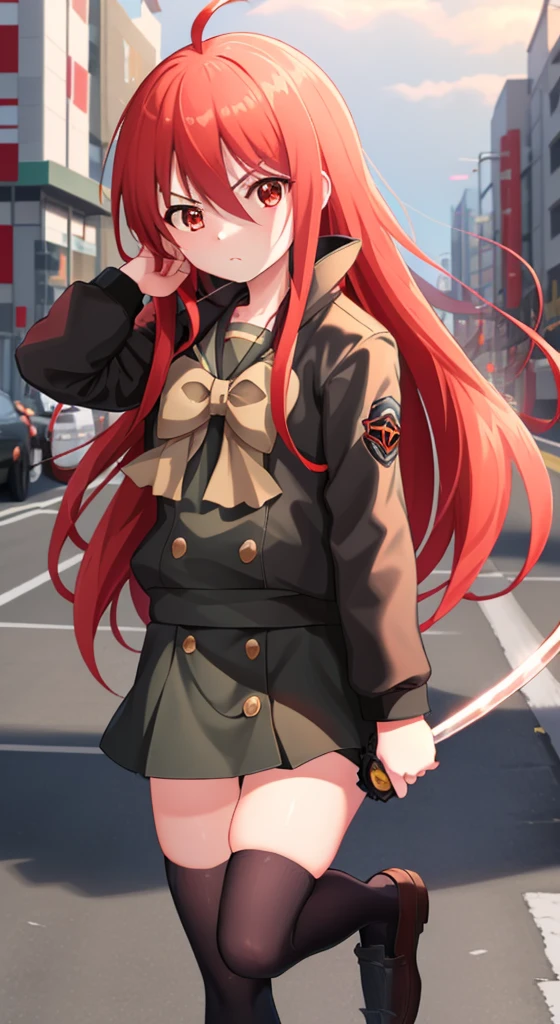 masutepiece, Best Quality,the Extremely Detailed CG Unity 8K Wallpapers, 
1girl in,Shana,Red hair,Red Eyes,Ahoge,Misaki High School uniform(Winter clothes)，Riders Jacket，arma(One Japanese sword)，Grip the handle of the Japanese sword with both hands，the blade is engulfed in flames，knee high socks，lowfers，(In the street，rubble)，expressioness(Serious face)，inside the barrier，Building rubble