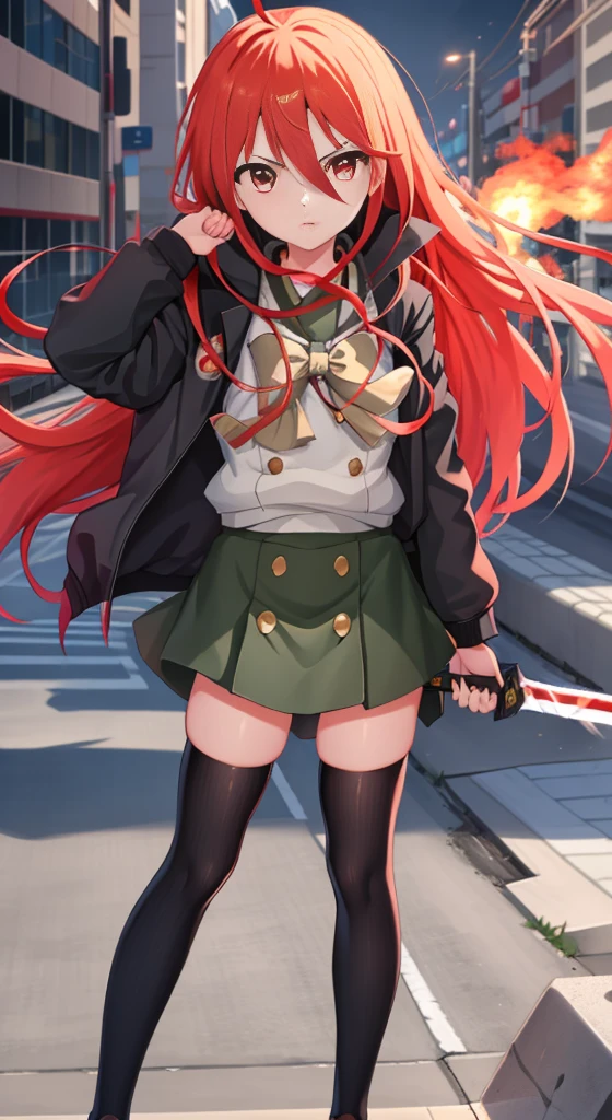 masutepiece, Best Quality,the Extremely Detailed CG Unity 8K Wallpapers, 
1girl in,Shana,Red hair,Red Eyes,Ahoge,Misaki High School uniform(Winter clothes)，Riders Jacket，arma(One Japanese sword)，Grip the handle of the Japanese sword with both hands，the blade is engulfed in flames，knee high socks，lowfers，(In the street，rubble)，expressioness(Serious face)，inside the barrier，Building rubble