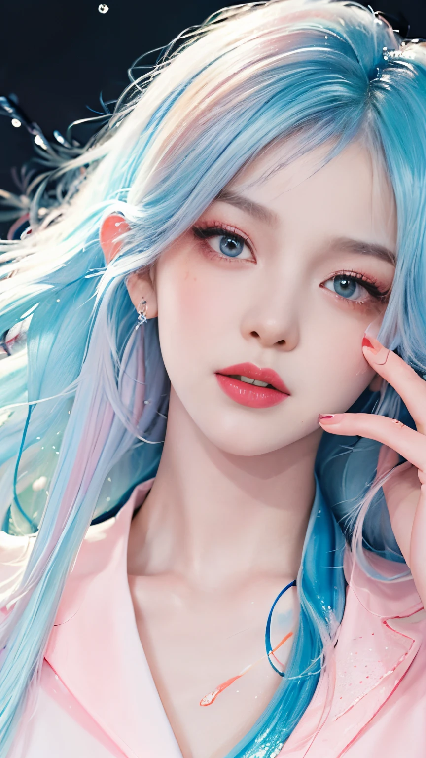 (Masterpiece, Best Quality, High Resolution), White Background, Acrylic Paint, ((Color Splash, Splash of Ink, Color Splash)), Sweet Chinese Girl, Long Light Blue Hair, [Light Blue|Pink] Hair, Curly Hair, Glitter, Peach Lips, White Shirt, Front, Upper Body
