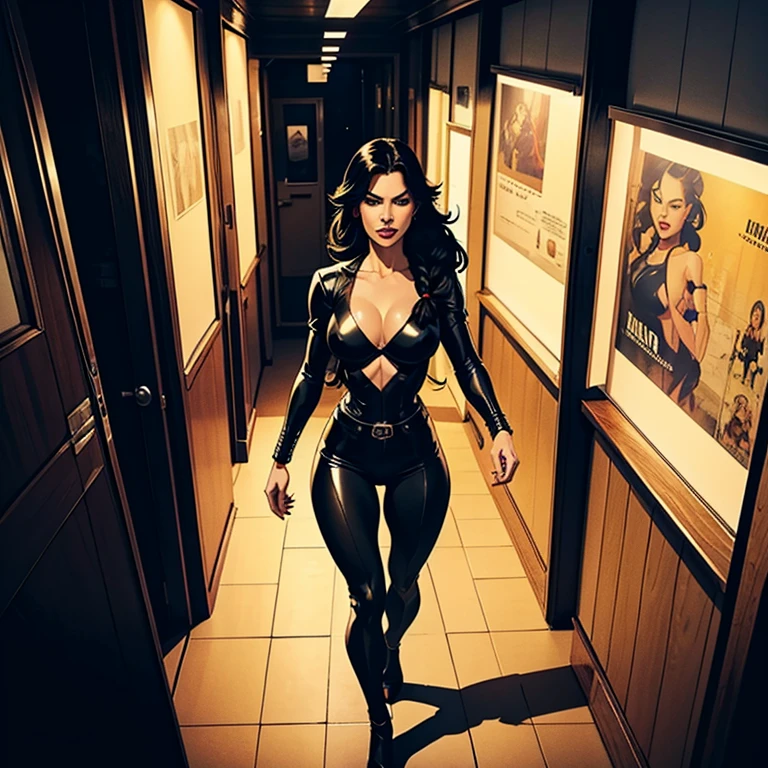 comic book, noir inspired poster with title "(change)". "(white skinned girl with long black hair with a single braid down to her waist, action scene, corpo perfeitoescult,ponto de fuga, perspectiva visao aerea, cinematic angle)". The scene should be in the distinct digital art style of comic book, with.