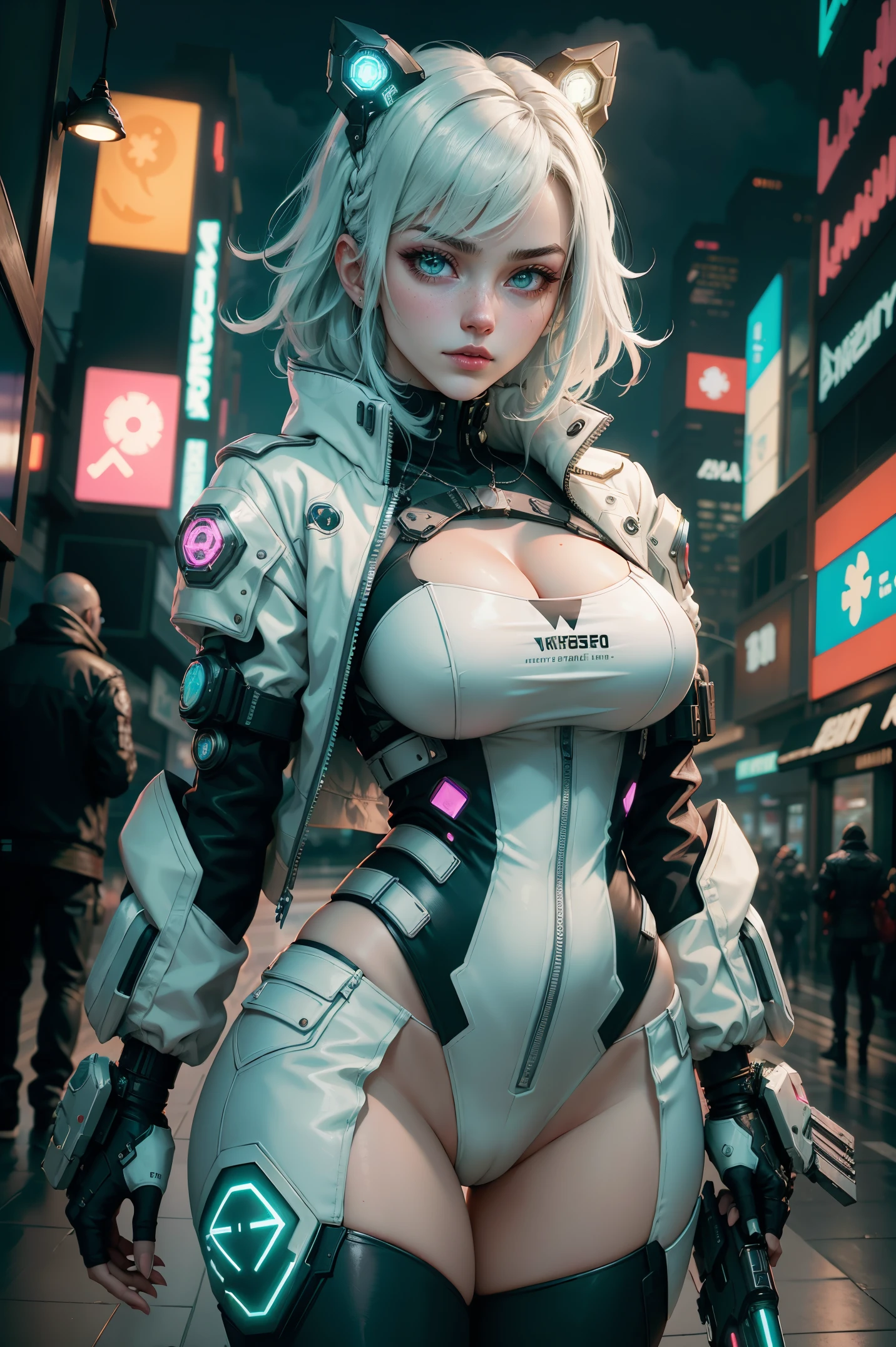 master part, melhor qualidade, ((provocante)) Vladislava Galagan garota cyberpunk juntas, Armadura corporal cyberpunk branco inspirado em Harajuku, sexy white stylized lingerie, holding a big stylized pen like a modern gun, bold colors and patterns, Attractive accessories, penteado moderno e inovador, deslumbrante paisagem urbana de Cyberpunk, highrise, bright neon signs, luzes led, anime illustration, Textura detalhada da pele, textura de pano detalhada, Rosto bonito e detalhado, detalhes intrincados, ultra detalhado, Cinematic lighting, Contraste forte.