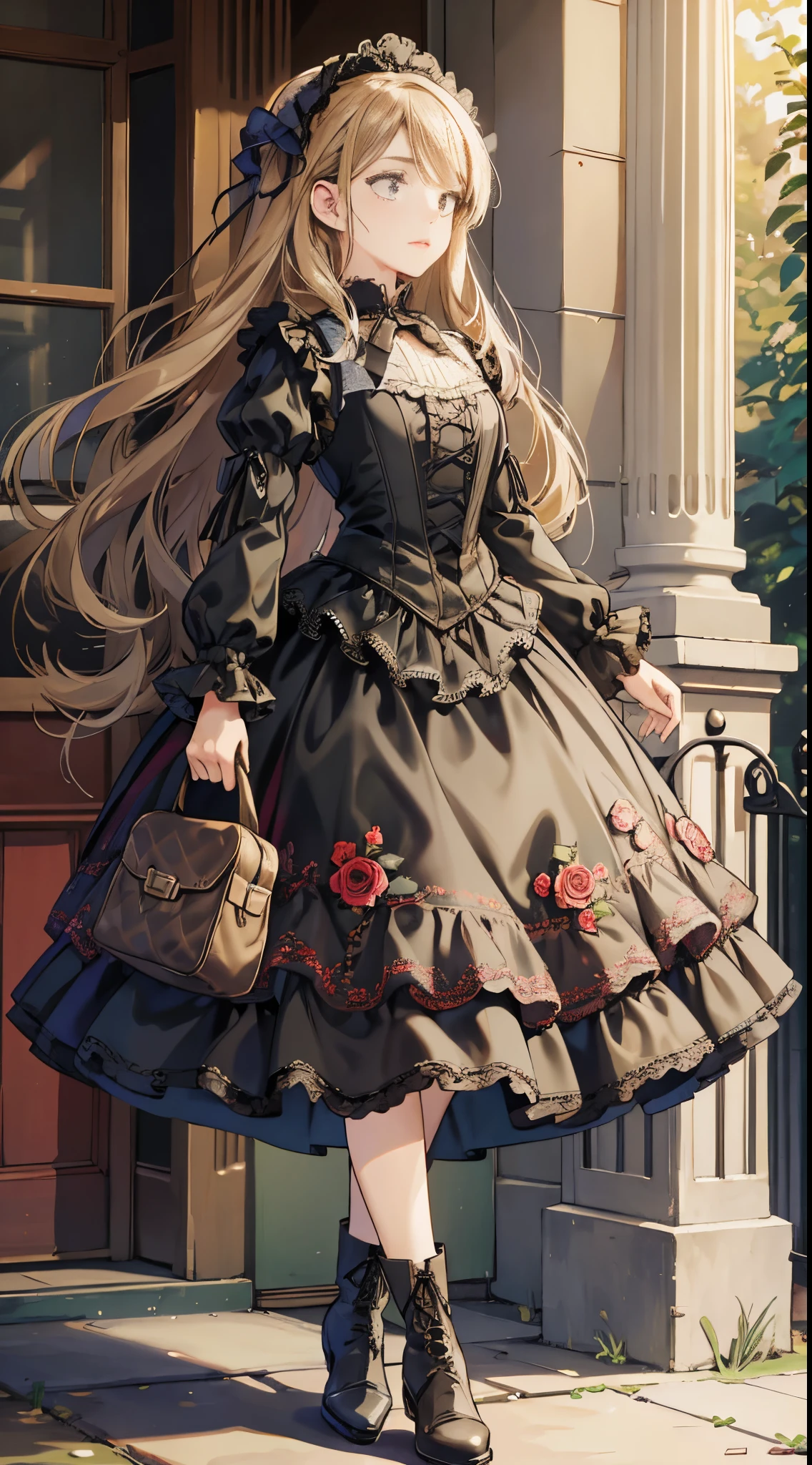 A woman in a dress and boots is standing in front of a building, baroque dress, in detailed steampunk dress, an elegant gothic princess, victorian gothic ****ta fashion, Historical Baroque Dress Dark, black gothic ****ta dress, fantasy style clothing, rococo dress, black rococo, classical witch, fantasy outfit, wearing a gothic dress, romantic dress, gothic dress