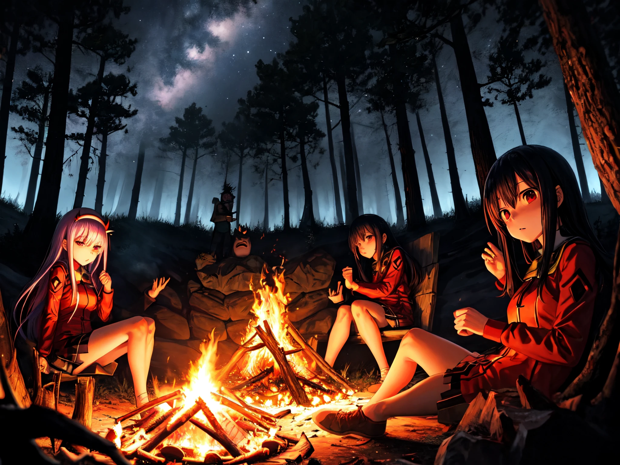 darkness forest, zero two, campfire, night, lonely