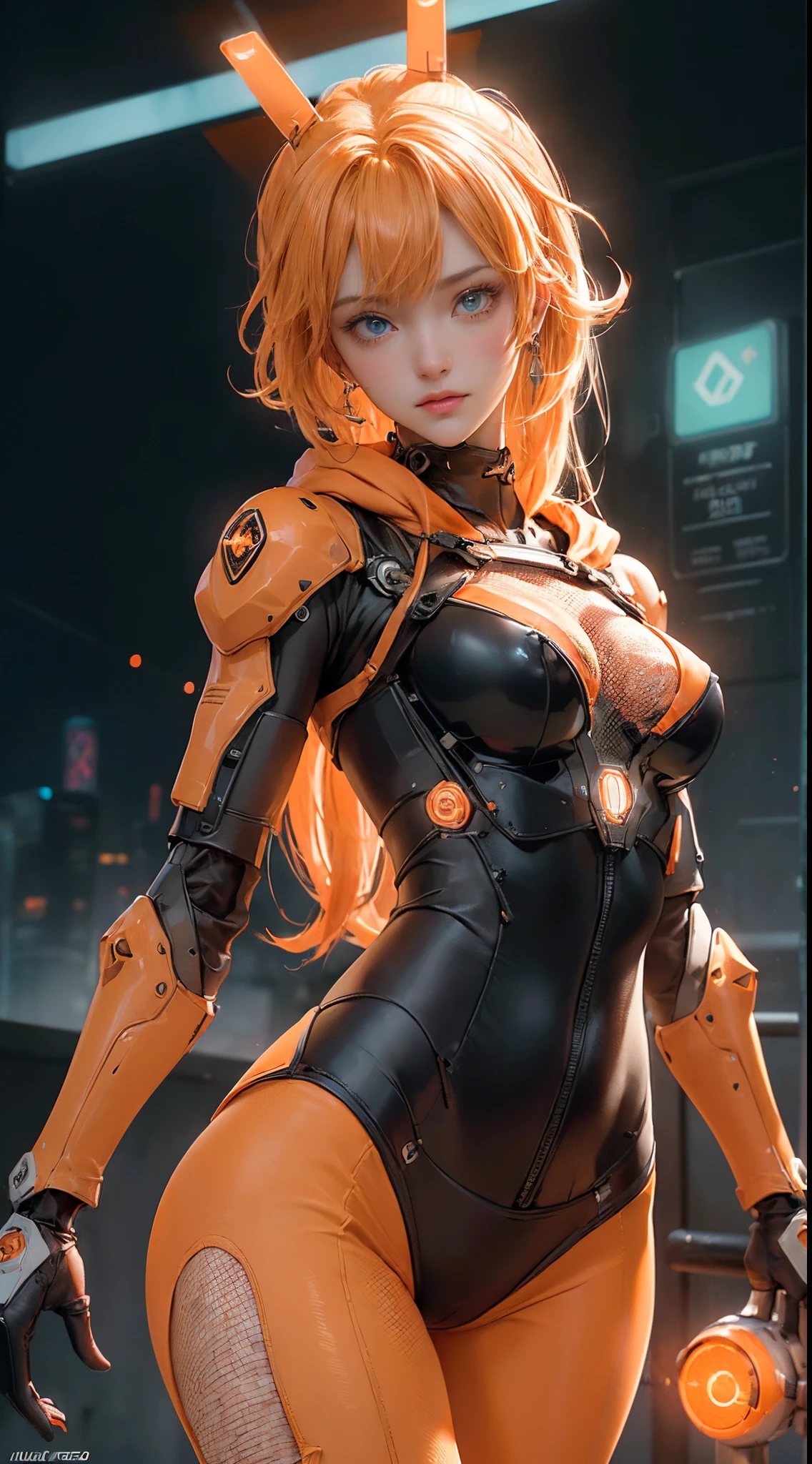 ((of the highest quality)), ((Obra maestra)), (detalle:1.4),(fondo laboratorio Robotic futuristic dystopia colors:1.4)(((Translucent with numbered mechanical parts and hologramaterial de polipropileno++、++Material de carbono negro++Mujeres hermosas en cyberpunk hechas de))),orange Bright pale with LEDs, ((Pecho abierto)), Piel de las caderas y los muslos, Teletipo (High Dymanic Range), Trazado de rayos, NVIDIA RTX, Super resolution, Subsurface dispersion PBR texturing, Post-procesamiento, Anisotropy Filtering, Profundidad de campos, Sombreado de superficies, Accurate light simulation/Interacciones materiales, proporciones perfectas, two-color illumination, Amplia apertura, ISO bajo, balance de blancos, 8k, (((Puntera de camello inflada))), NSFW, (((mujer alta))), 25 year old woman, LED brillante, hasta la rodilla, protuberancia, puffy nipple,  ((Cyber hood with dull and bright LEDs orange)),  Postura abierta, Disparo de vaquero, Piel de las caderas y los muslos, hermoso cuerpo, Ombligo visible en la piel desnuda, Pecho para sentir la gravedad, (pechos enormes: 1.3), (trasero gigantesco: 1.0), Paisaje urbano deslumbrante cyberpunk, Ciudad de Kowloon, Lots of neon signs, Luces brillantes, Esquema de colores brillantes y vivos, Esquema de colores brillantes y vivos, dynamicposes, Mirando hacia abajo, Opaque explosion, hermoso cabello con corte bob solo en azul turquesa))), (((Aurora Cabello Interior))), Typography and costume numbering, ,More detailed 8K.motor irreal:1.4,UHD,La mejor calidad:1.4, fotorrealista:1.4, textura de la piel:1.4, obra maestra:1.8,obra-prima, mejor calidad,objeto Objeto], (detailed face features:1.3),((Las proporciones correctas)),convexo，(Dedos de camello)，(fishnet neon white:1.4),(Ojos hermosos azuleondo color sustancias venenosas en el aire:1.4), (bodysuit orange neon yellow:1.5) ,(cabello largo rojo:1.5)