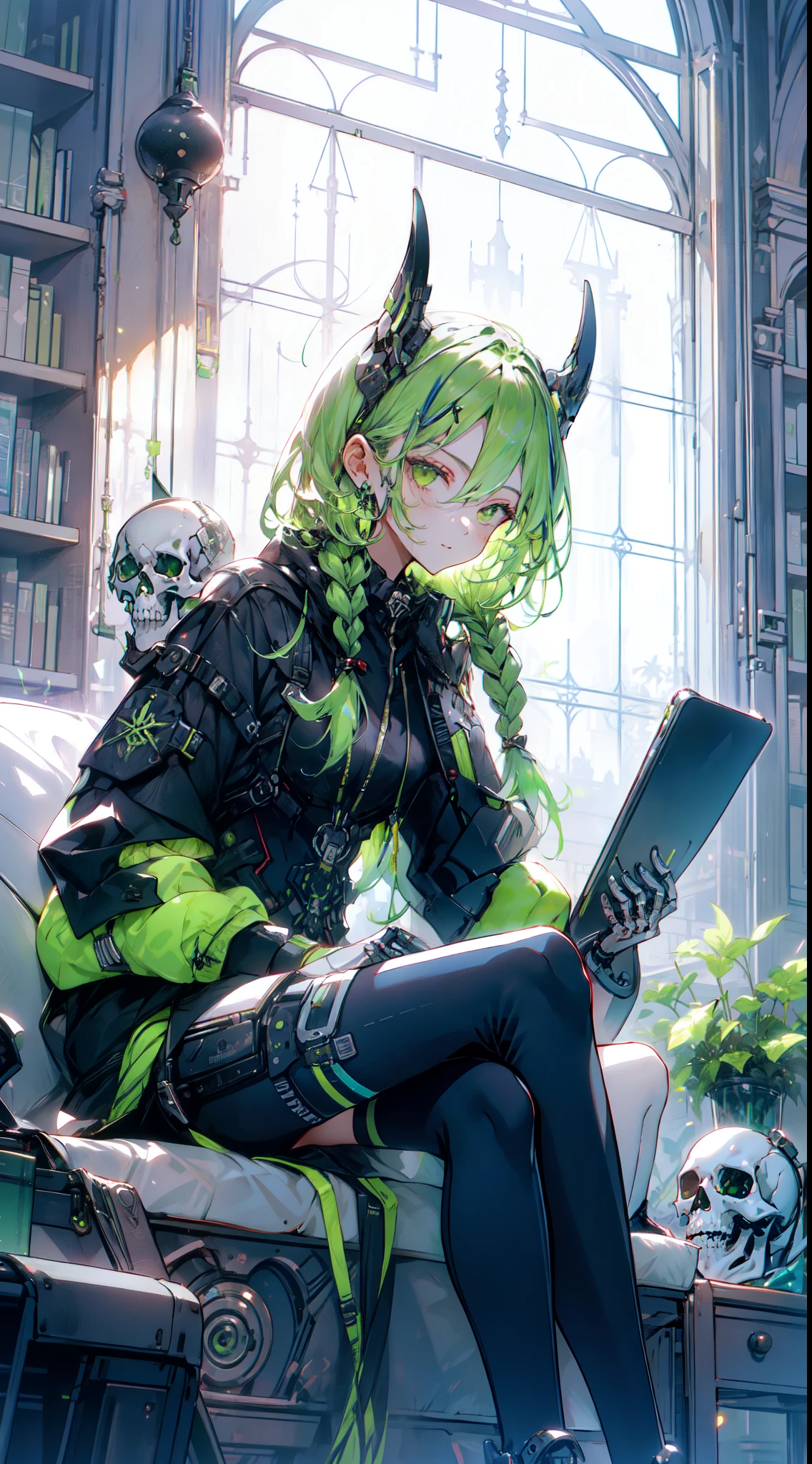 masterpiece, best quality, 1girl, sitting in library, dark green hair big hair tri braids, robot eyes, armor, CyberskullAI