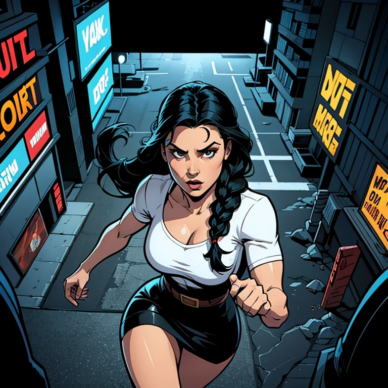 comic book, noir inspired poster with title "(change)". "(white skinned girl with long black hair with a single braid down to her waist, action scene, corpo perfeitoescult,ponto de fuga, perspectiva visao aerea, cinematic angle)". The scene should be in the distinct digital art style of comic book, with.