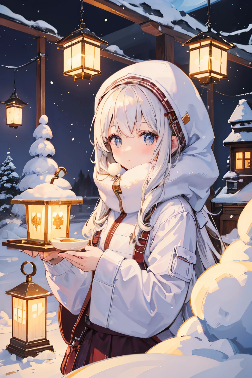 Illustration of a girl enjoying mochi and cocoa inside a snow-made igloo. The scene is lit by nostalgic lanterns, creating an overall nostalgic and finely detailed atmosphere. Aspiring to be a high-quality masterpiece, aiming for the best possible result ultra detailed