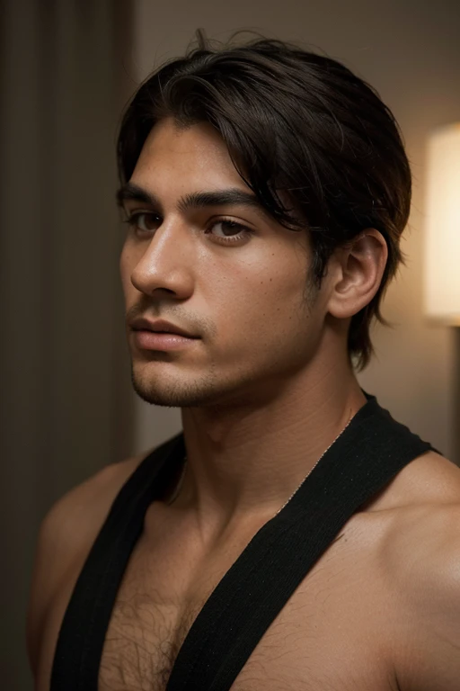 "Describes a young man of around 20 years old, con el rostro afeitado, symmetrical features, cautivadores ojos verdes y cabello negro y pulido. His refined nose adds a touch of sophistication to his appearance, while a well-defined jawline gives you a strong and confident presence. Enmarcado en el contexto de su jornada, explores how his striking physical features complement the challenges and revelations he encounters along the way."