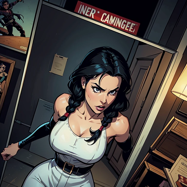 comic book, noir inspired poster with title "(change)". "(white skinned girl with long black hair with a single braid down to her waist, action scene, corpo perfeitoescult,ponto de fuga, perspectiva visao aerea, cinematic angle)". The scene should be in the distinct digital art style of comic book, with.