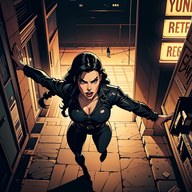 comic book, noir inspired poster with title "(change)". "(white skinned girl with long black hair with a single braid down to her waist, action scene, corpo perfeitoescult,ponto de fuga, perspectiva visao aerea, cinematic angle)". The scene should be in the distinct digital art style of comic book, with.
