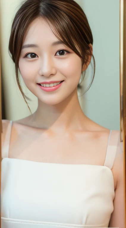 ((Best Quality, 8K, Masterpiece: 1.3)), 1 Girl, Slim Abs Beauty: 1.3, (Hairstyle Brown Hair Shortcut, Big: 1.2), Dress: 1.1, Super Slender Face, Delicate Eyes, Double Eyelids, Smile, Home, Raw Photo