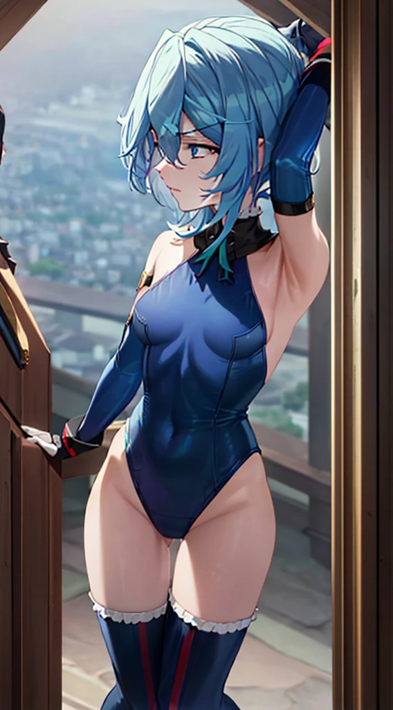 Blue leotard，highleg，Above the city, Preparing for battle, Detailed art photos, beautifull detailed face, Dreamy, blazing, Back lighting, Glamour, Glow, shadowy, oil on canevas, brushstrokes, Soft, Ultra high definition, 8K, unreal enginee 5, Ultra Focus Sharp, ArtGerm, Roisch, nffsw, intricate art masterpiece, Menacing, Matte Paint Movie Poster, Golden ratio, CGsociety trend, Convoluted, epicd, Highly detailed, Vibrant, production cinematic character render, Quality model ultra-high，